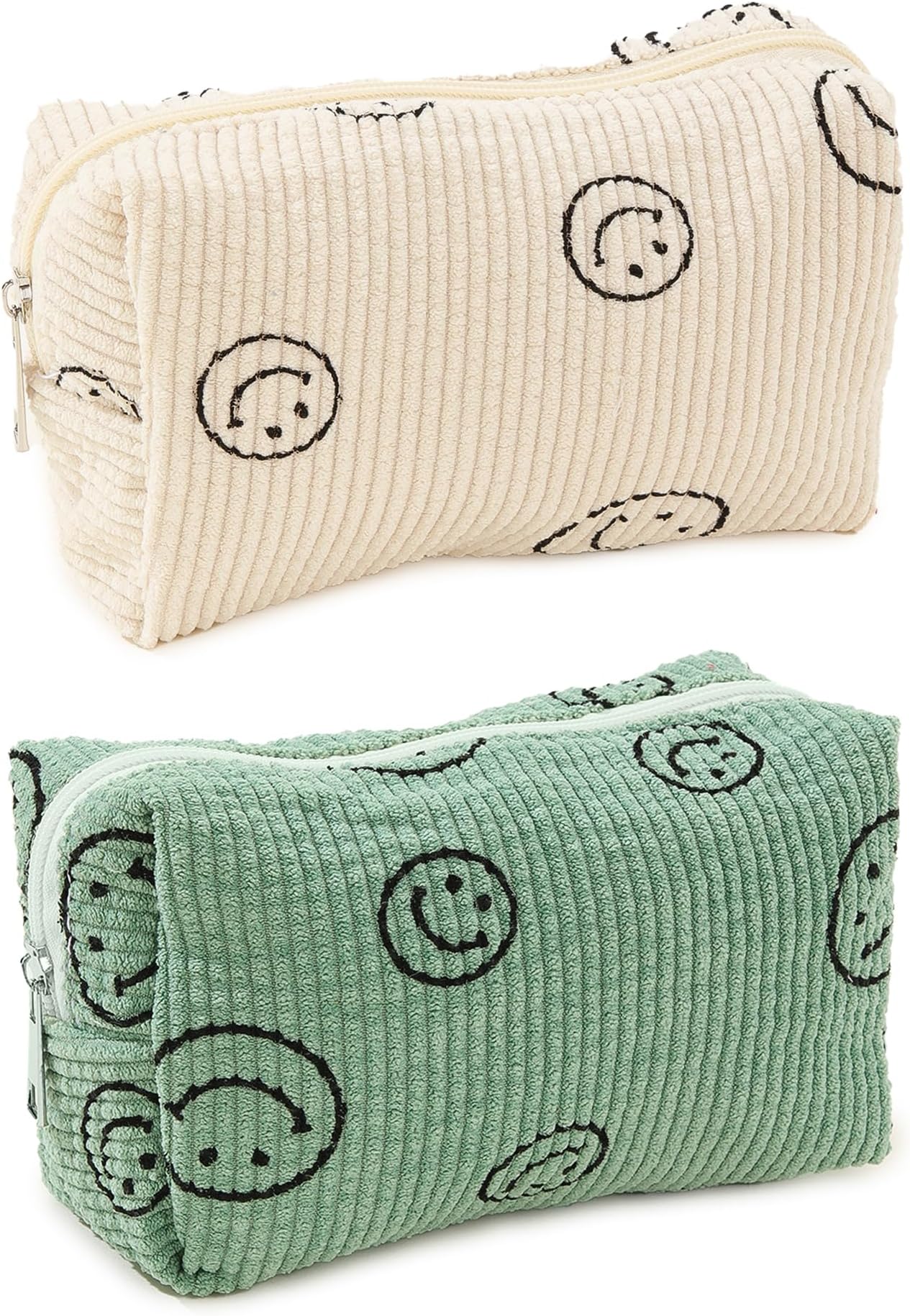 Street27® 2pcs Corduroy Cosmetic Bag Cute Travel Makeup Bag Smile Face Makeup Zipper Pouch Travel Toiletry Bag for Women Aesthetic Makeup Brushes Storage Bag Organizer - 25x18cm (A)