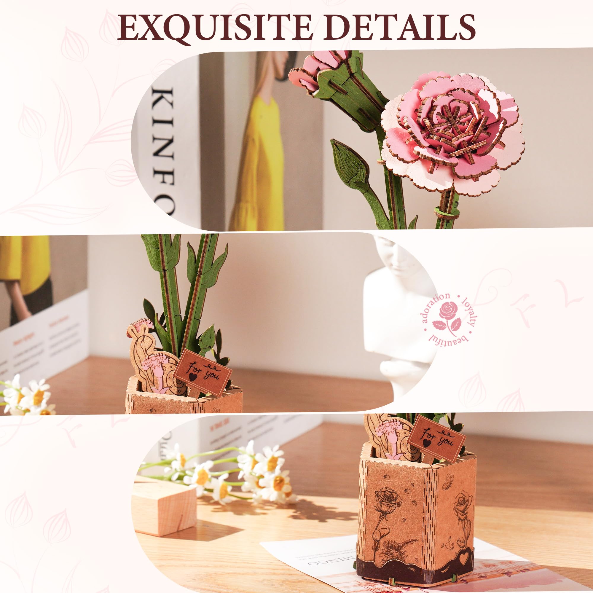 Amazon.com: ROBOTIME 3D Pink Carnation Wood Flower Puzzle