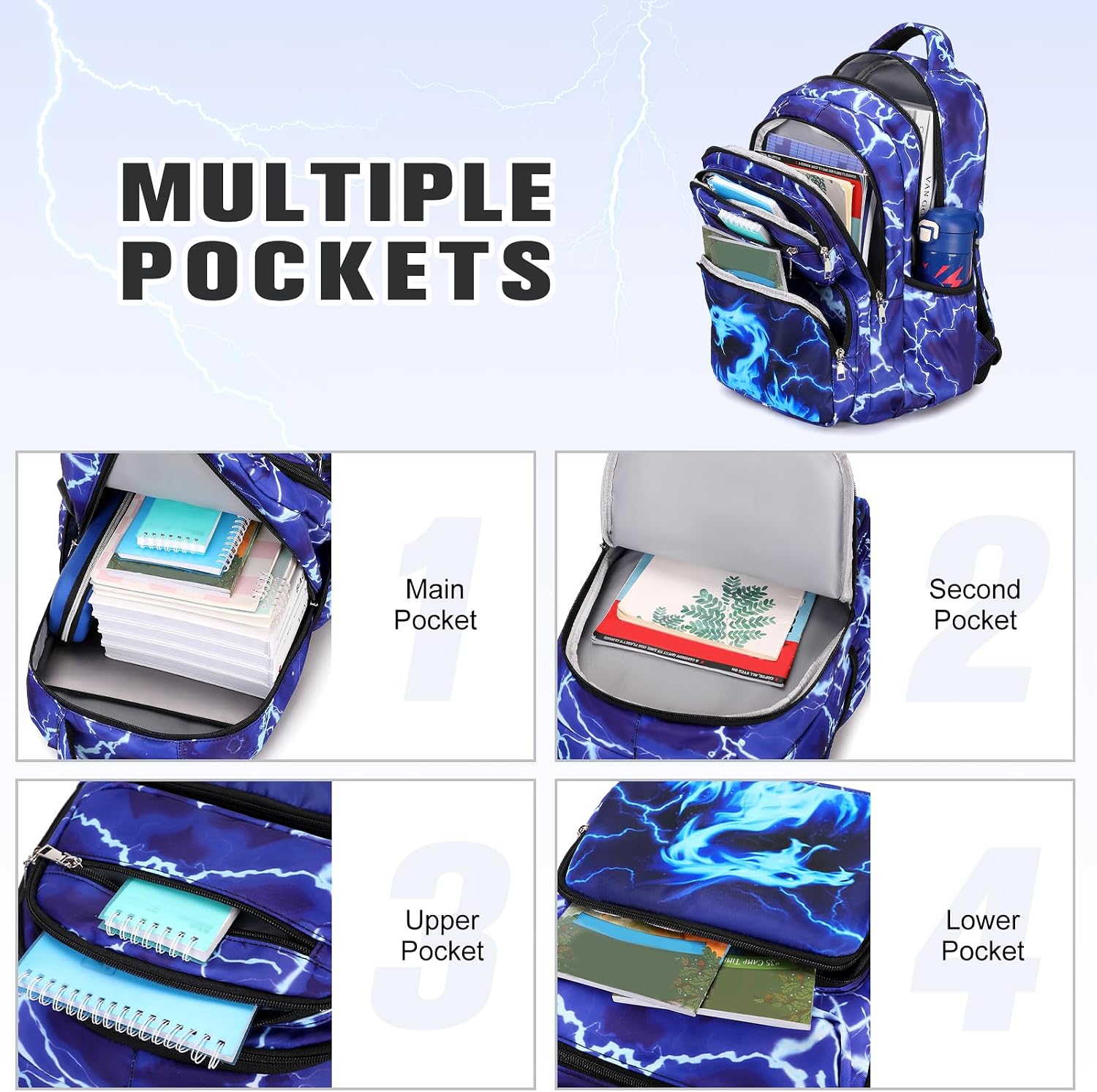 Bevalsa Backpack for Boys, Lightning School Bags with Lunch Bag & Pen Case for Kids, Bookbag for Boys Girls Teens (Blue Dragon)