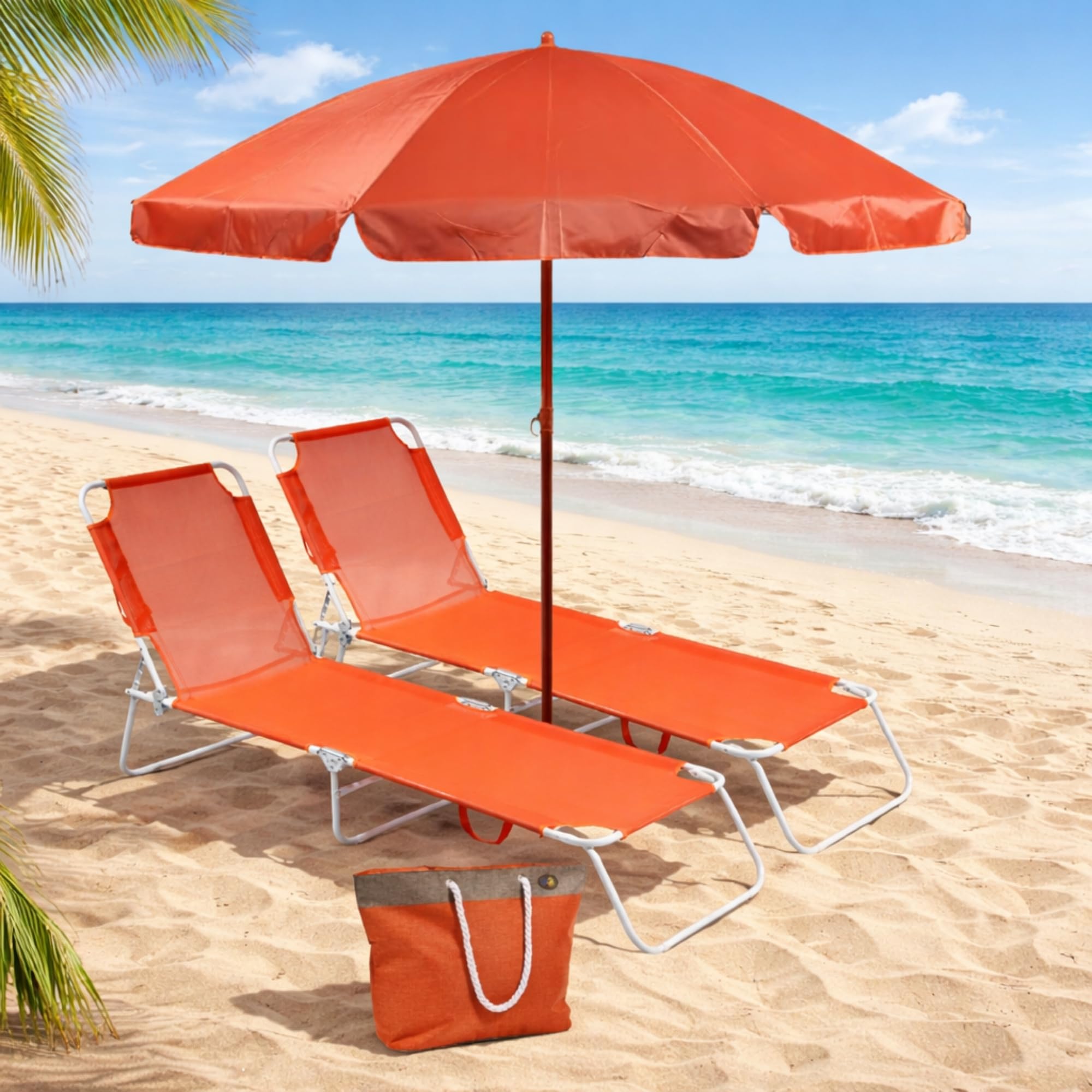 SUNNY STAR Set da Spiaggia 2 lettini + 1 ombrellone + 1 Borsa Mare 45lt.