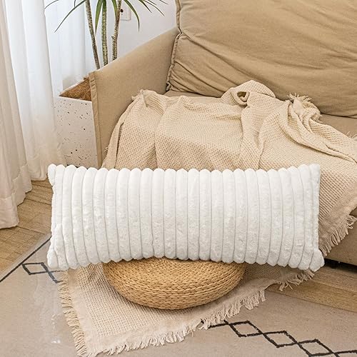 Fundas de almohada lumbar de piel sintética de 14 x 36 pulgadas, color blanco crema, suave, decorativa, funda de almohada lumbar, lujosa funda de