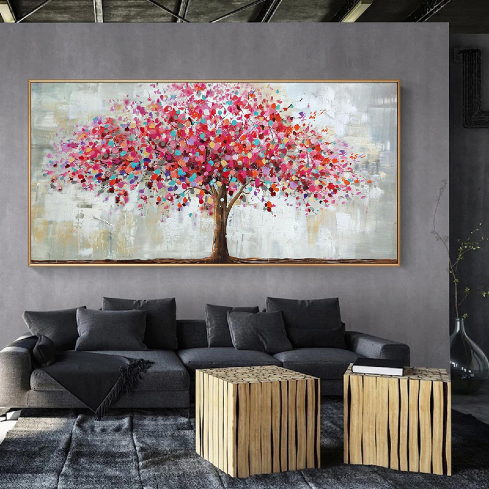 Red Rich Tree Pintura al óleo Impreso en lienzo Impresiones Decoración para el hogar Cartel abstracto Imágenes de arte de pared modernas para sala de estar 80x160cm (32x63in) con marco
