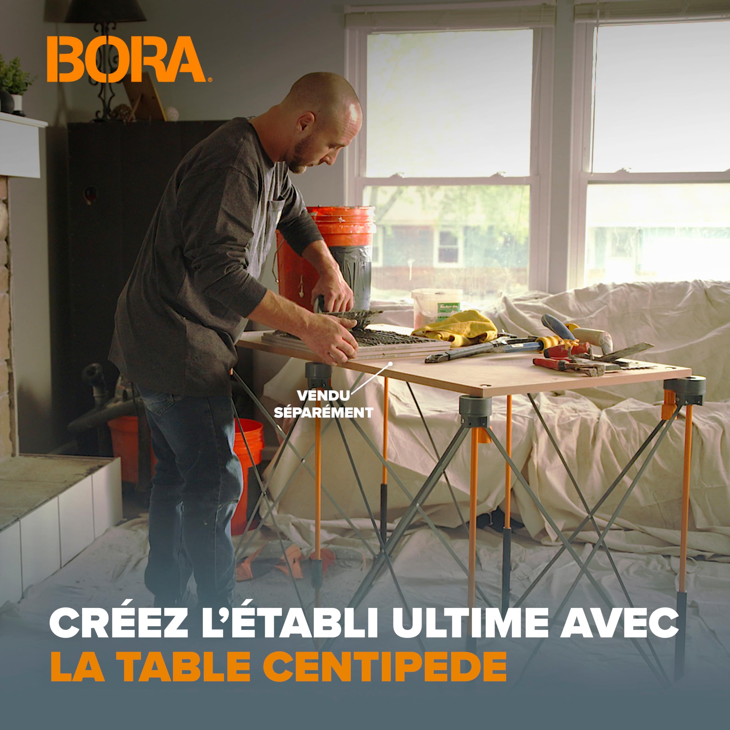 Bora Centipede 60 cm. L x 120 m l x 80 cm H. Table de Travail Pliante en Acier avec capacité 680 kg, Gris/Jaune
