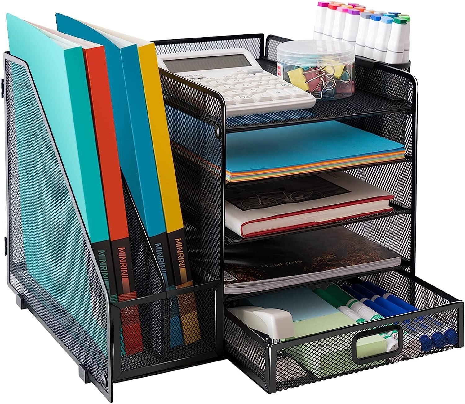 ALTOS OFFICE AND HOME Organizador de escritorio de malla metálica con 1 cajón deslizante, 5 bandejas horizontales y 2 secciones verticales, con 2 espacios para lápices y accesorios.