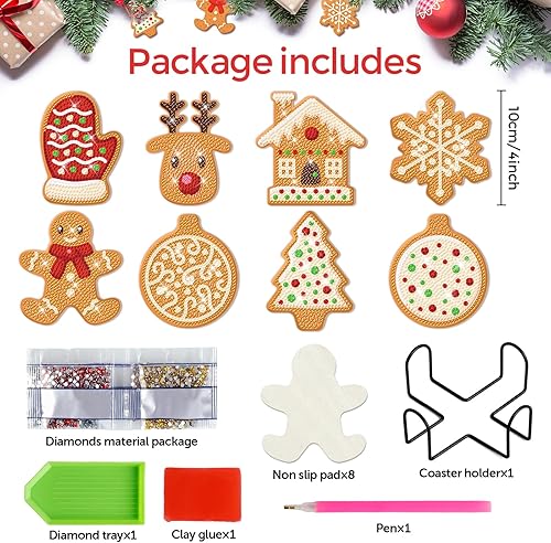 Miniatura 2 de 8 piezas de posavasos de diamante de hombre de jengibre de Navidad con soporte, posavasos de arte de diamante para bricolaje, posavasos