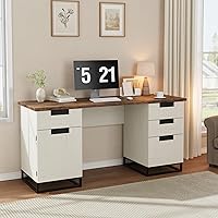 Garvee 59-Inch Farmhouse Executive Desk with File Drawer, Storage Cabinet & 3 Drawers - White Vintage/Black Home Office Computer Table