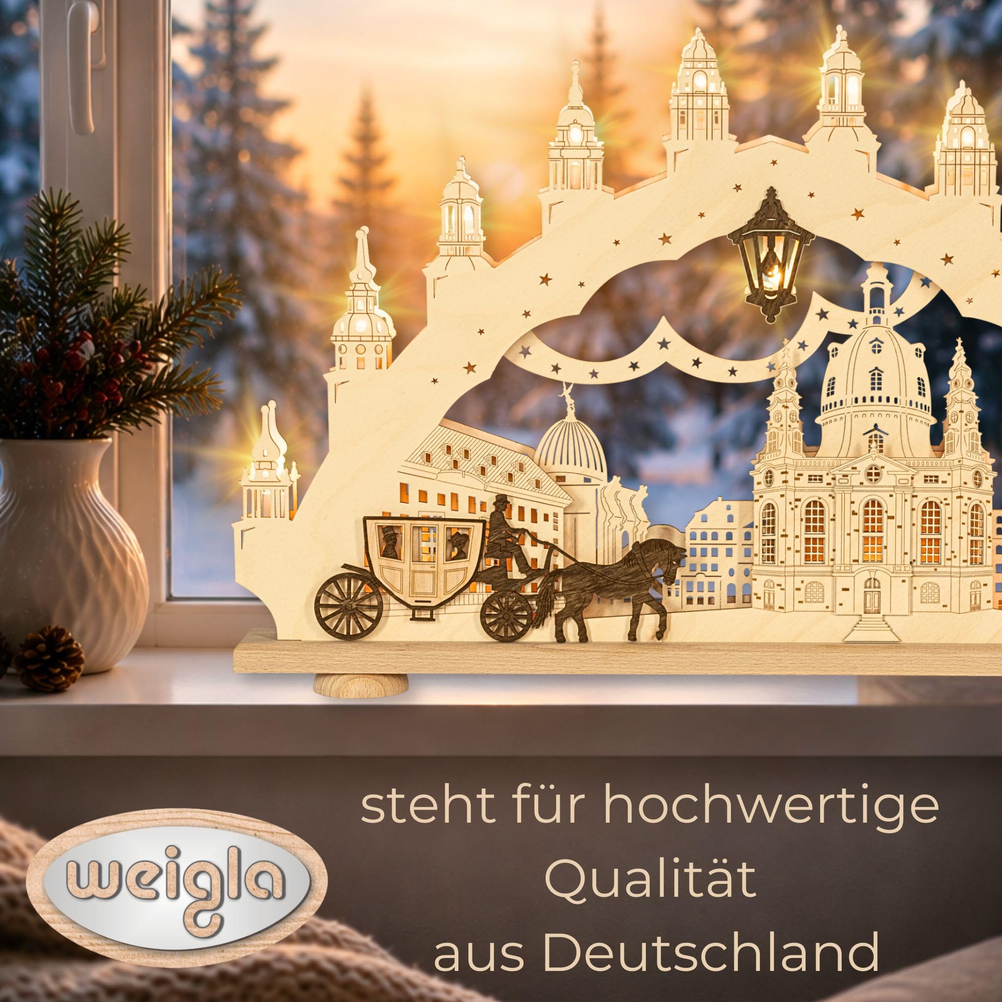 weigla - Schwibbogen original Erzgebirge I Motiv Dresden Frauenkirche I Lichterbogen Weihnachten I 15 Lampenkerzen + 1 Ersatzlampe I 15 x 16 V, 3 W, E10 I beleuchtete Weihnachtsdeko innen