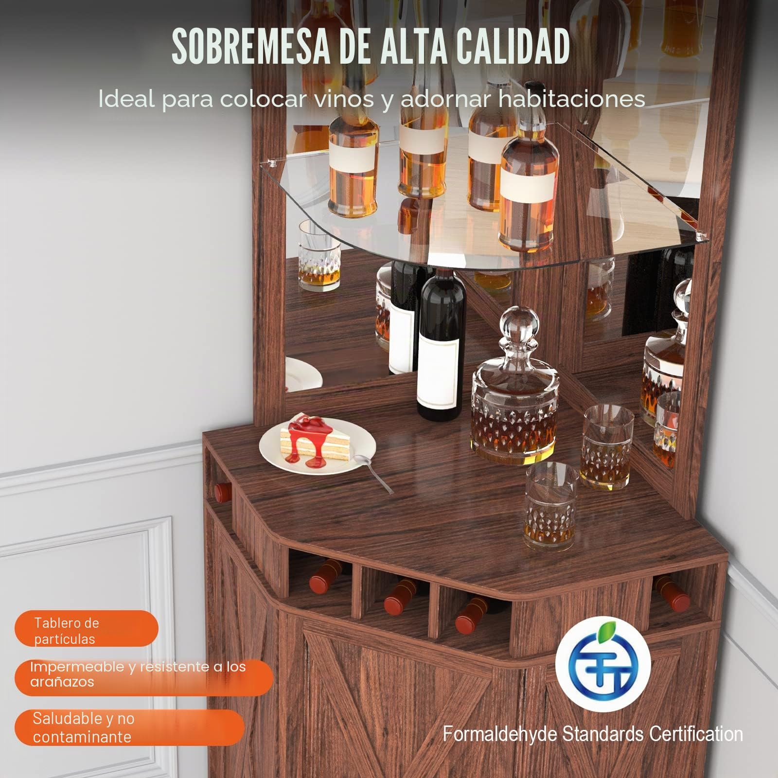 VEVOR Mueble de bar esquinero industrial, muebles de bar para licores y copas, aparador con soportes de vidrio, estante de exhibición de vino de madera independiente grande para sala de estar, hogar