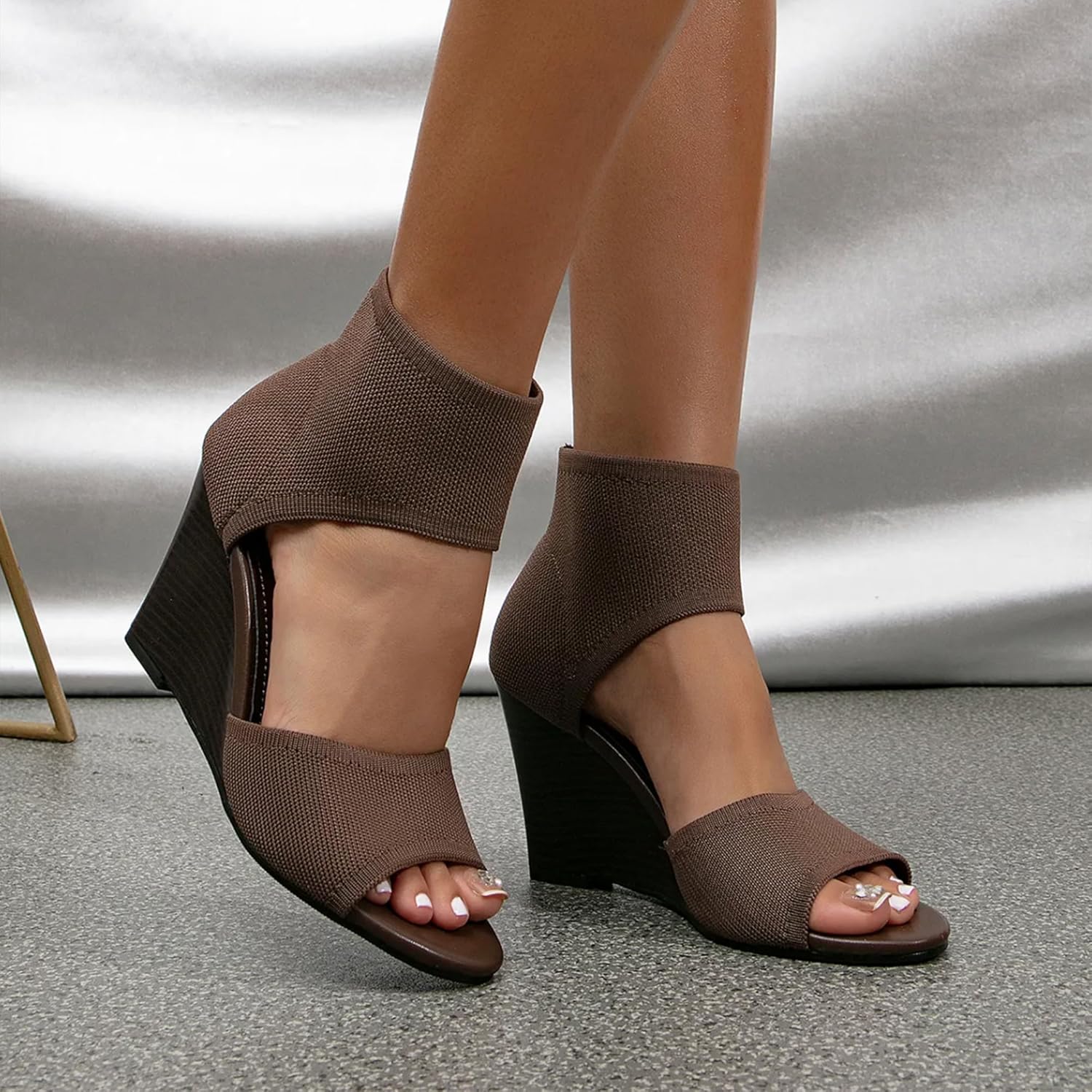 NEWBELLA Women's Peep-Toe Wedge Sandals, Stretchy Knit Slip-On Ankle Booties, Summer Dressy Heels - Image 7