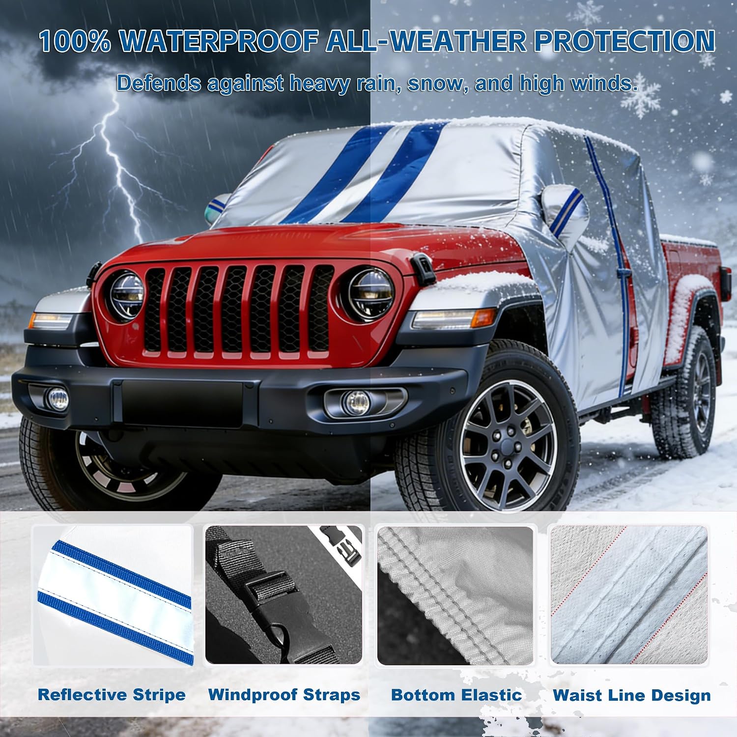 Car Cover Fit for Jeep Gladiator JT 2025-2020 4 Door Waterproof All Weather Half Truck Cover for Gladiator Covers with Zipper Door for Snow, Sun, Rain