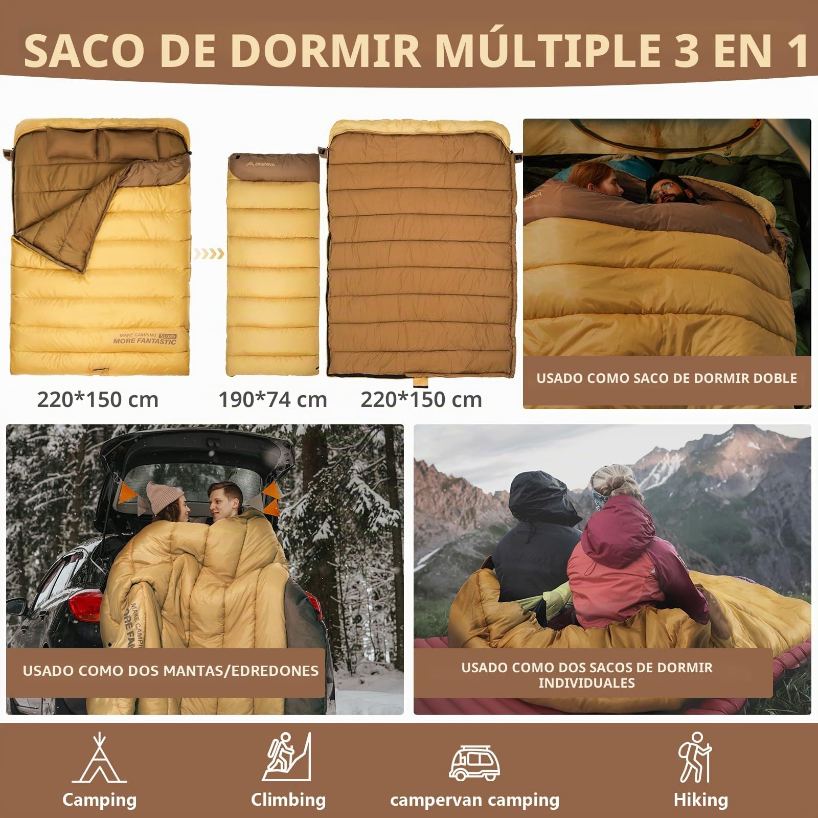 BISINNA Saco de Dormir Doble de Invierno 0 Grados, Gran Saco de Dormir cálido Impermeable, Adecuado para Acampar al Aire Libre, caravaning Viaje 4.2kg