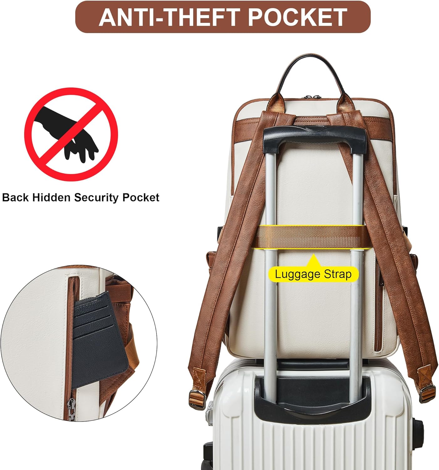 Shrrie Vegan Leather Laptop Backpack for Women,17 Inch Computer Backpack Purse for Work Business College Travel Teacher Nurse with Anti-theft Pocket & Giant Tumbler Holder Pocket,Beige with Brown - Image 4