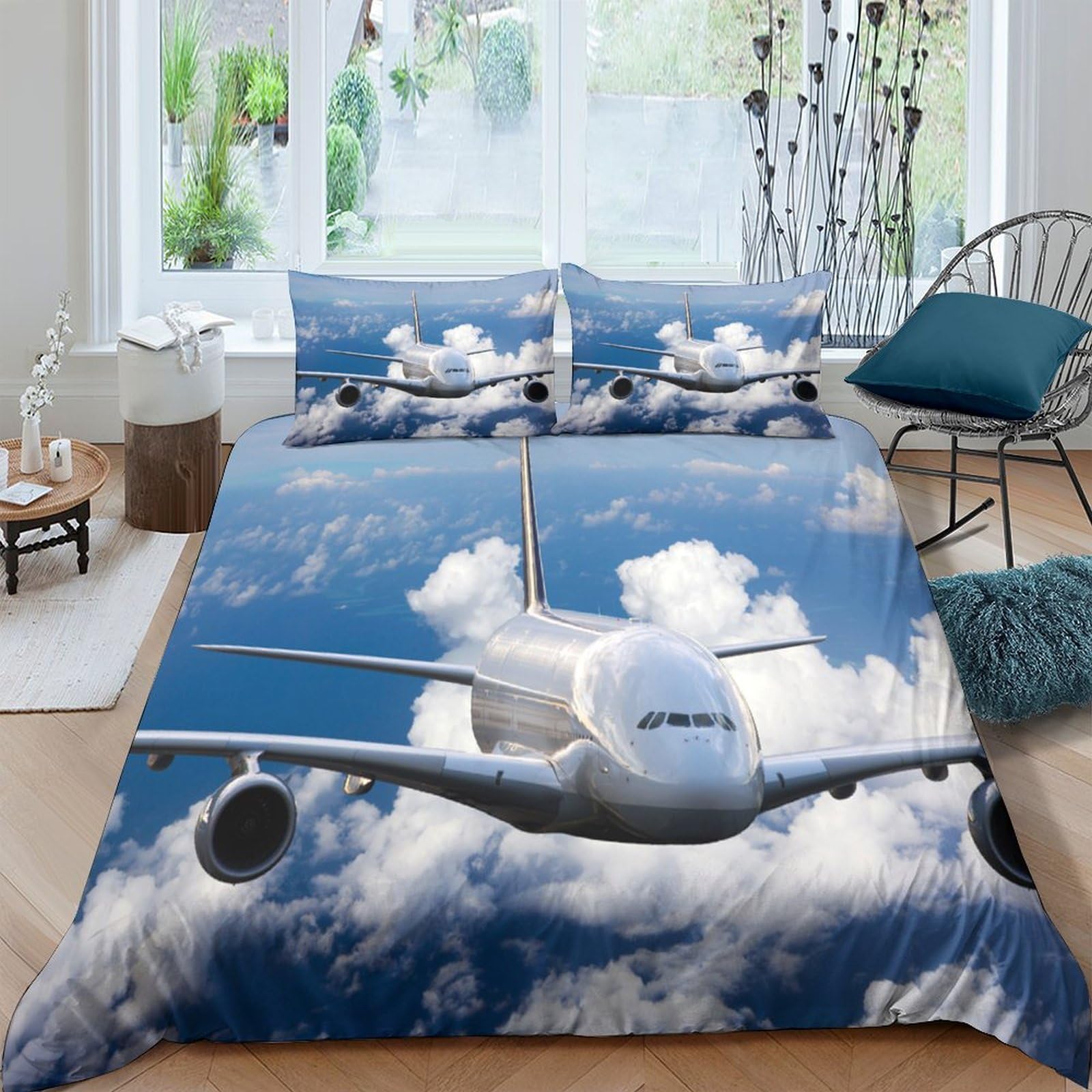 Ctjqhvkz Style-4 3D Printed Blue Sky Clouds Fitted Sheet Microfiber Soft Airplane Mattress Cover Bedroom Home Decor Single（135X200cm）