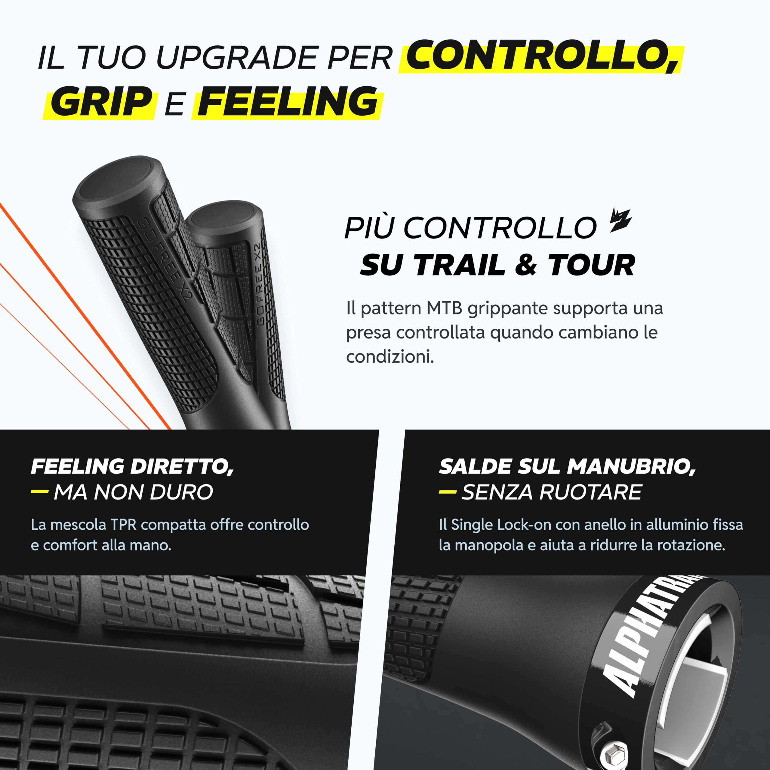 Alphatrail GoFree manopole MTB per bici & e-bike, grip trail con smorzamento, manopole bici lock-on 22,2 mm, 1 paio, 120 g, manopole per bici trail & tour