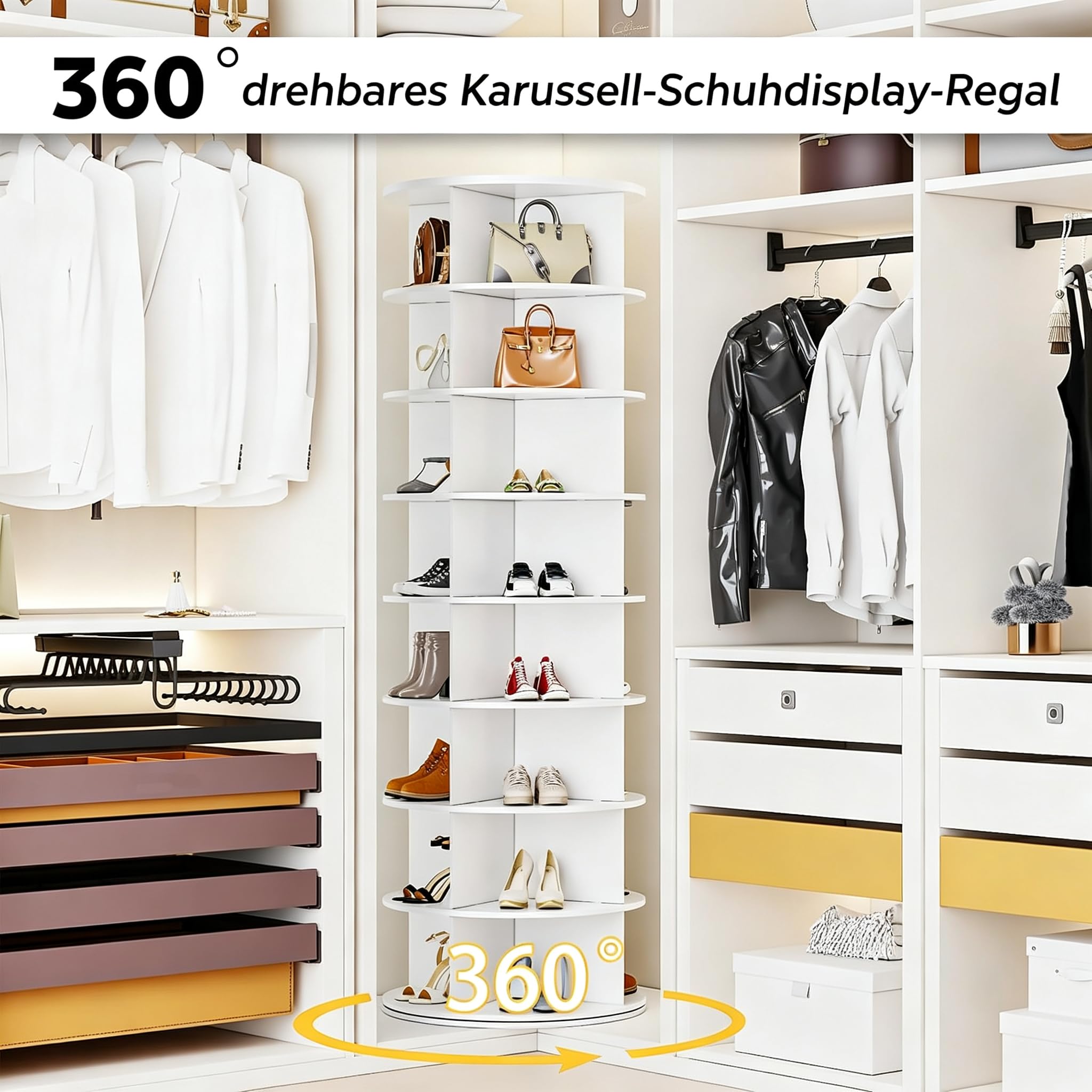 YODOLLA 8-stöckiges drehbarer Schuhregal, Weiß | platzsparender Aufbewahrungsständer für Schuhe & Taschen, ideal für Wohnzimmer, Flur & Schlafzimmer