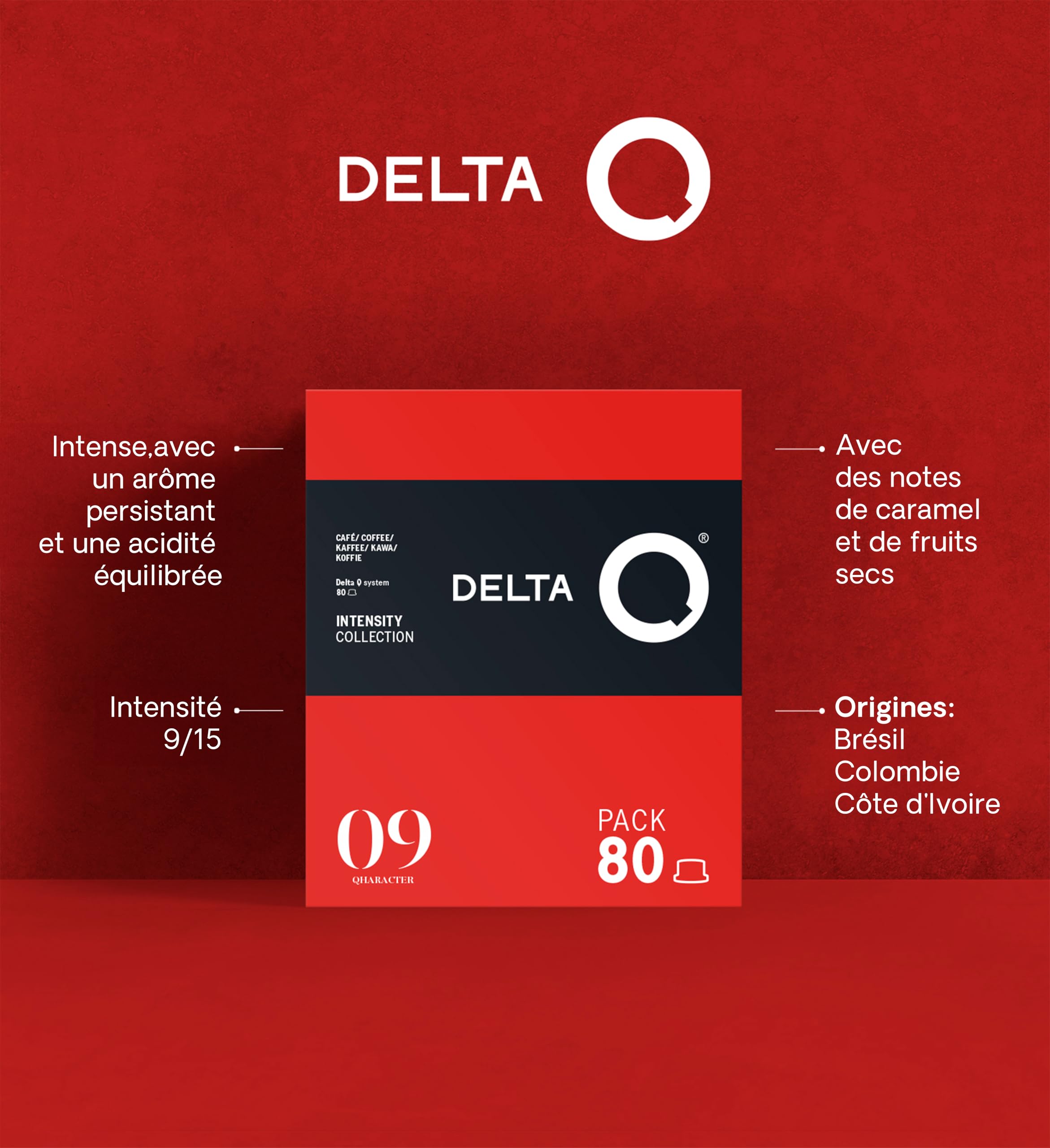 Delta Q 80 Capsules de Café Qharacter, Intensité 9 | Compatibles avec les Machines Delta Q, Espresso Intense aux Notes de Caramel et Fruits Secs, Fabriqué en Portugal