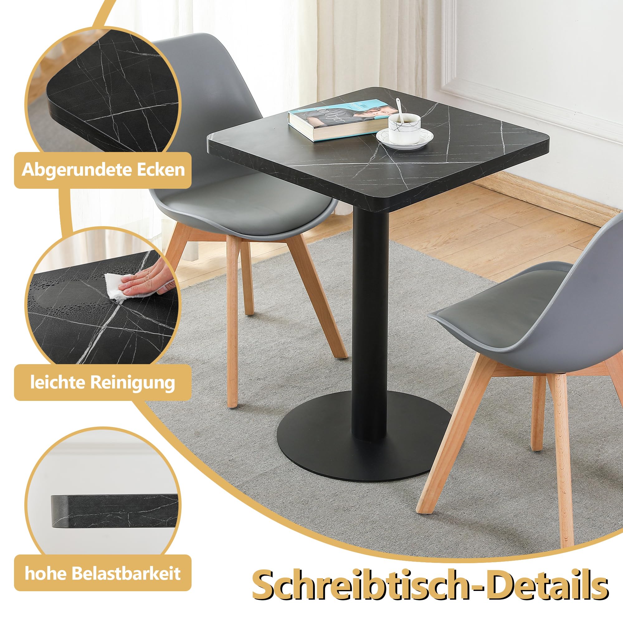 Mingone Esstisch 60cm Küchentisch Klein mit Marmor Tischplatte Schwarz | für 2 Personen, Quadratischer Holz Tisch, Esszimmertisch mit Metallbein, Für Wohnzimmer Balkon Esszimmer