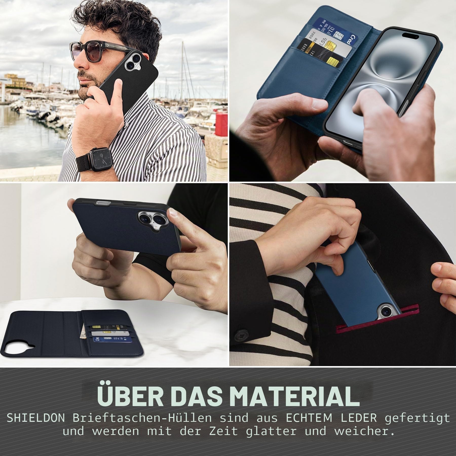 SHIELDON Abnehmbare Echtleder Hülle für iPhone 16 6,1" 5G 2024, Schwarz