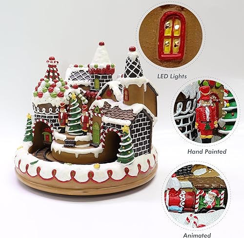 Miniatura 2 de MOMENTS IN TIME Estación de tren de pan de jengibre animada de 10.63 pulgadas de alto, pueblo navideño iluminado con tren móvil, luces LED y música