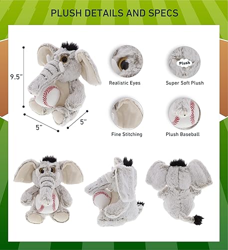 Miniatura 3 de DolliBu Animal de peluche de elefante sentado con felpa de béisbol, elefante de felpa suave, adorable juguete de peluche para jugar, lindo regalo de