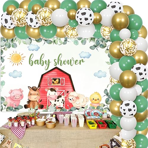 Miniatura 7 de Decoraciones de baby shower de animales de granja azules  Kit de arco de guirnalda de globos de animales de granja con fondo de bienvenida para