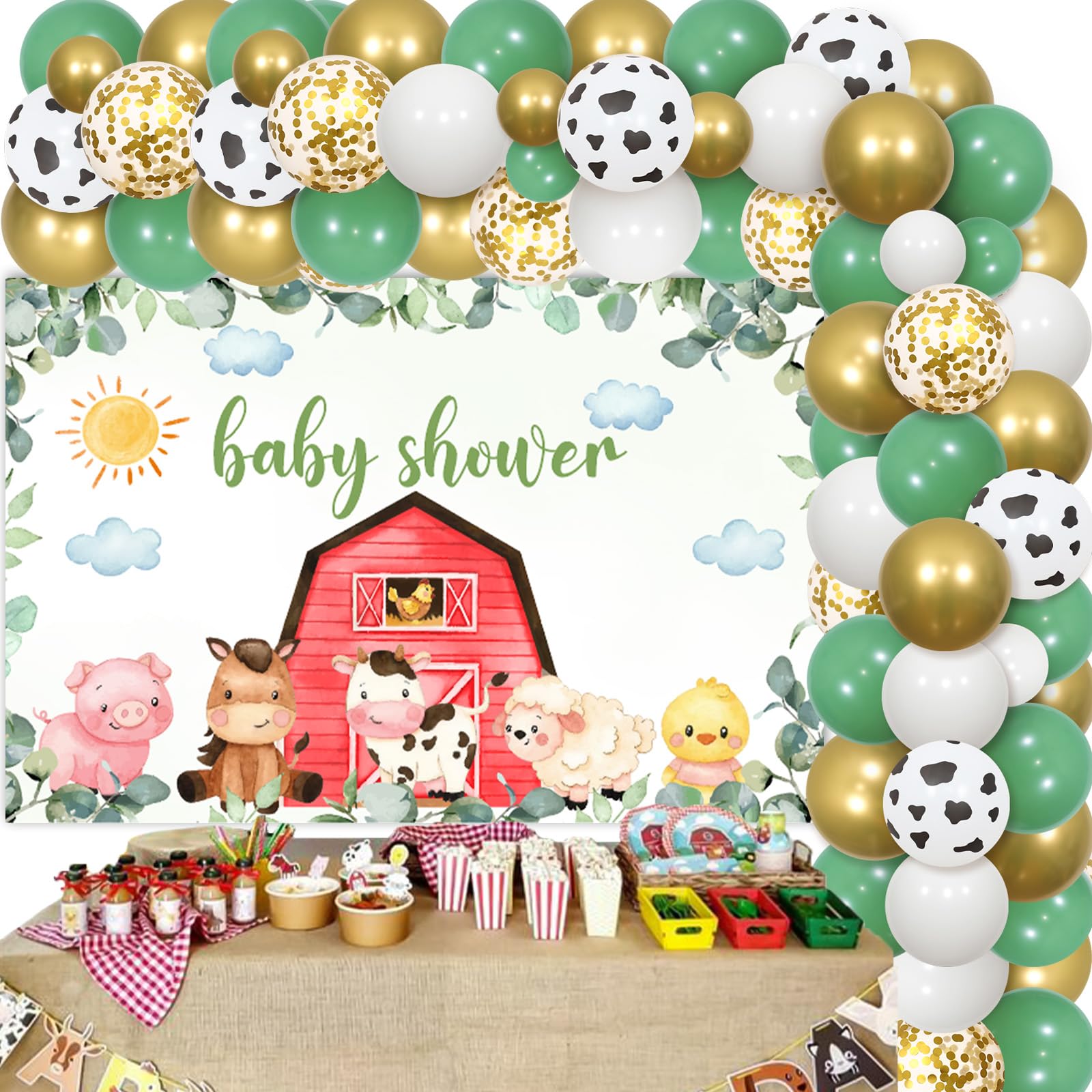 Sage Green Farm Animal Baby Shower Decorations - Farm Animals Balloon Garland Arch Kit with Backdrop for Farmhouse Theme Pregnancy Celebration Newborn