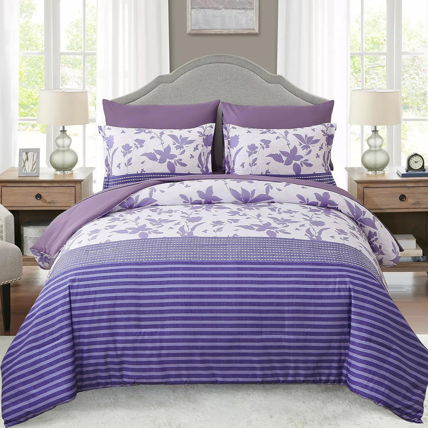 Dinjoy Purple Striped Bed in a Bag Queen Size, 7 Piece