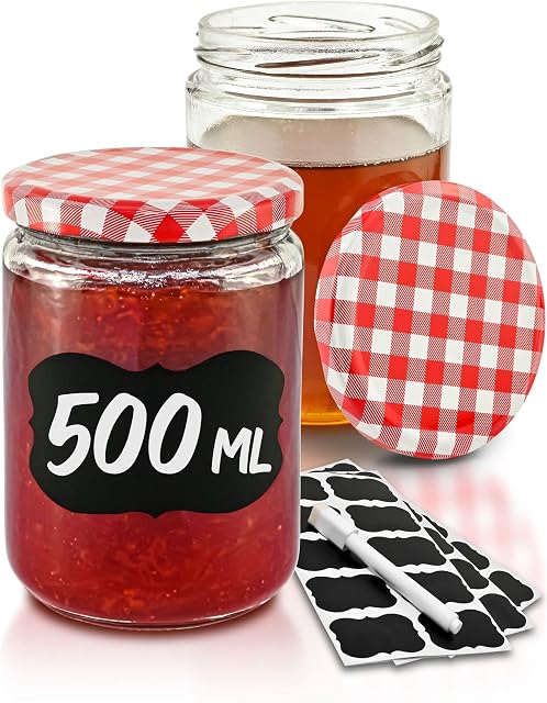 Praknu 12 Preserving Jars Airtight with Screw Lids, Labels, 500 ml