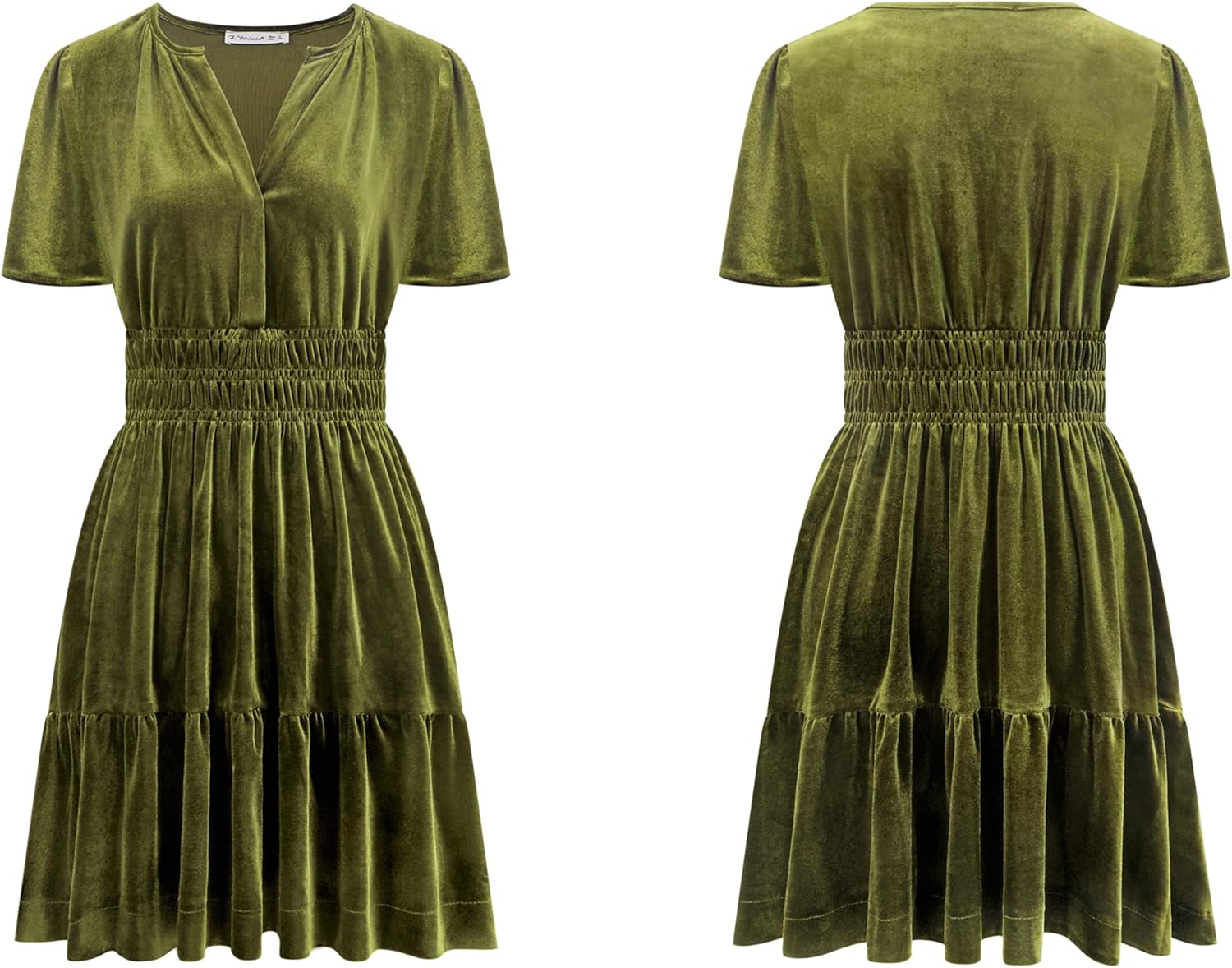R.Vivimos Women's Fall Winter Vintage Casual Dresses Velvet Short Sleeve V Neck Elastic Waist Tiered Flowy Swing Mini Dress - Image 6