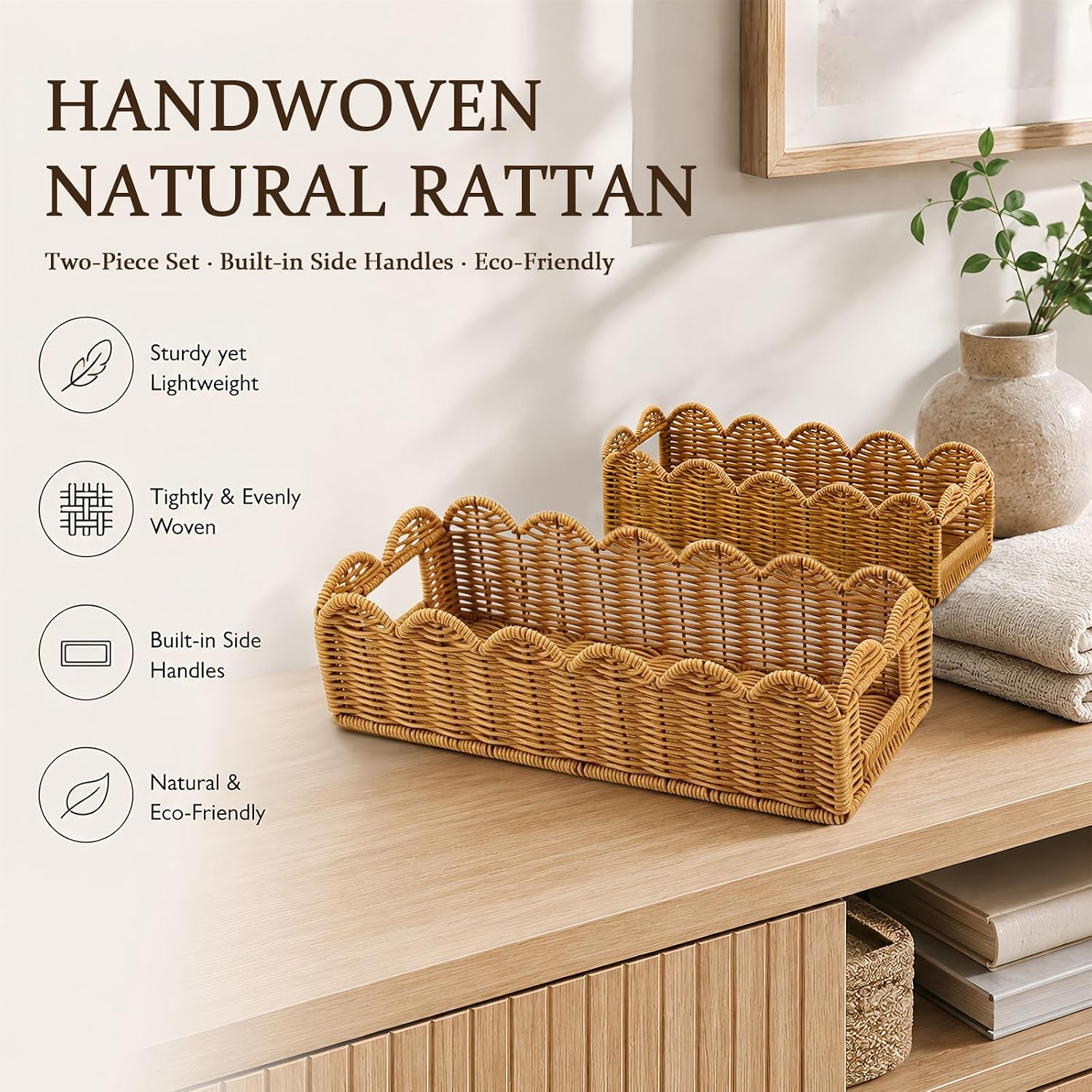 2-Piece Rattan Shelf Storage Baskets, Scalloped Edge Organizer