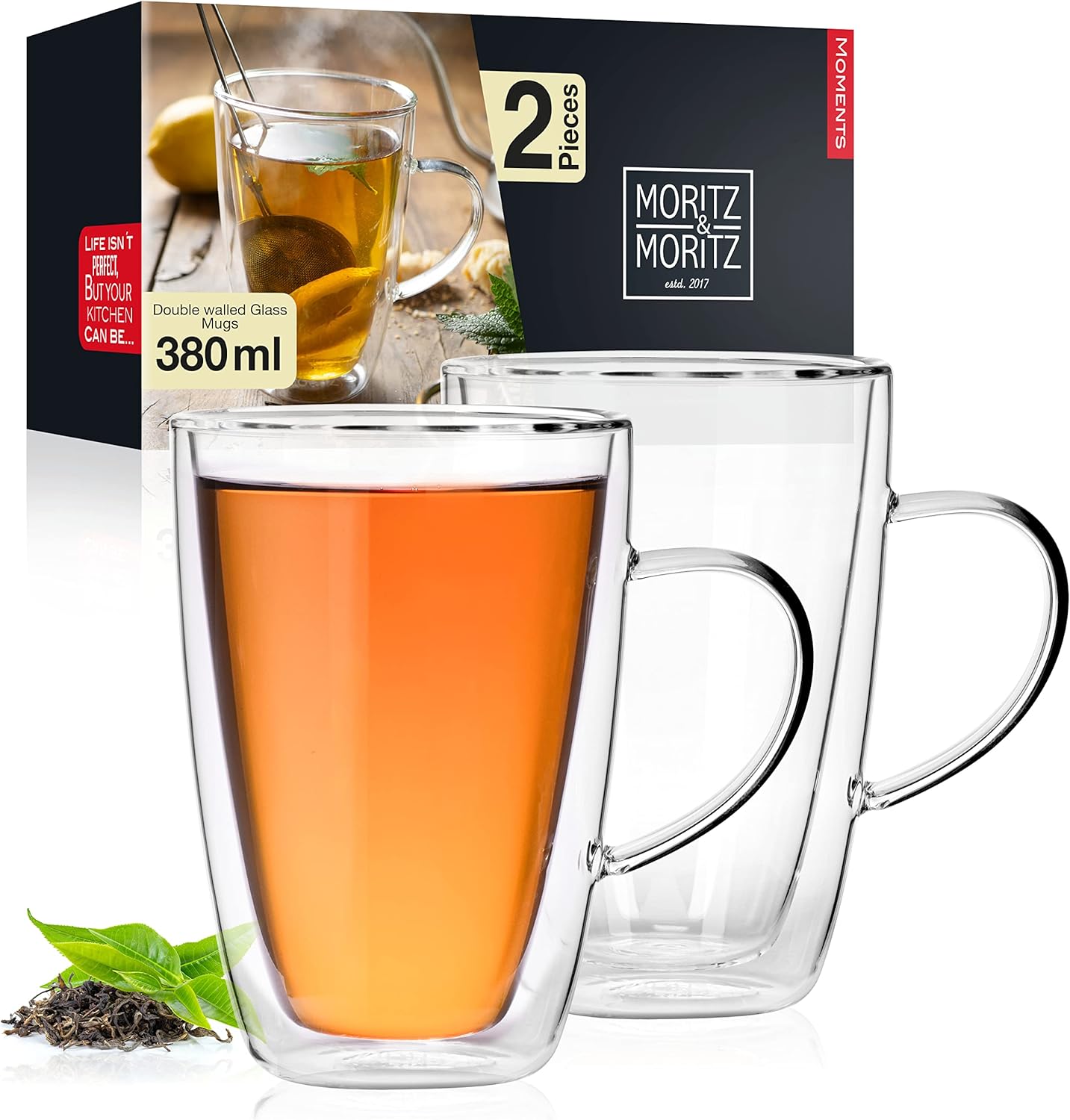 Moritz & Moritz 2 x 380 ml Double Walled Glass Mugs Dishwasher Safe