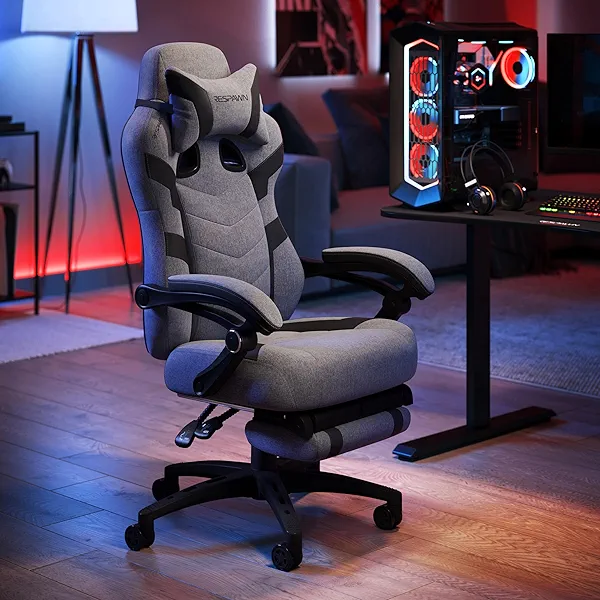RESPAWN 110 Pro Ergonomic Gaming Chair with Footrest for Adults - Comfortable Office Gaming Recliner with Lumbar Support and Headrest, Racing Style Video Game Chairs for Computer Gamer - Gray Fabric