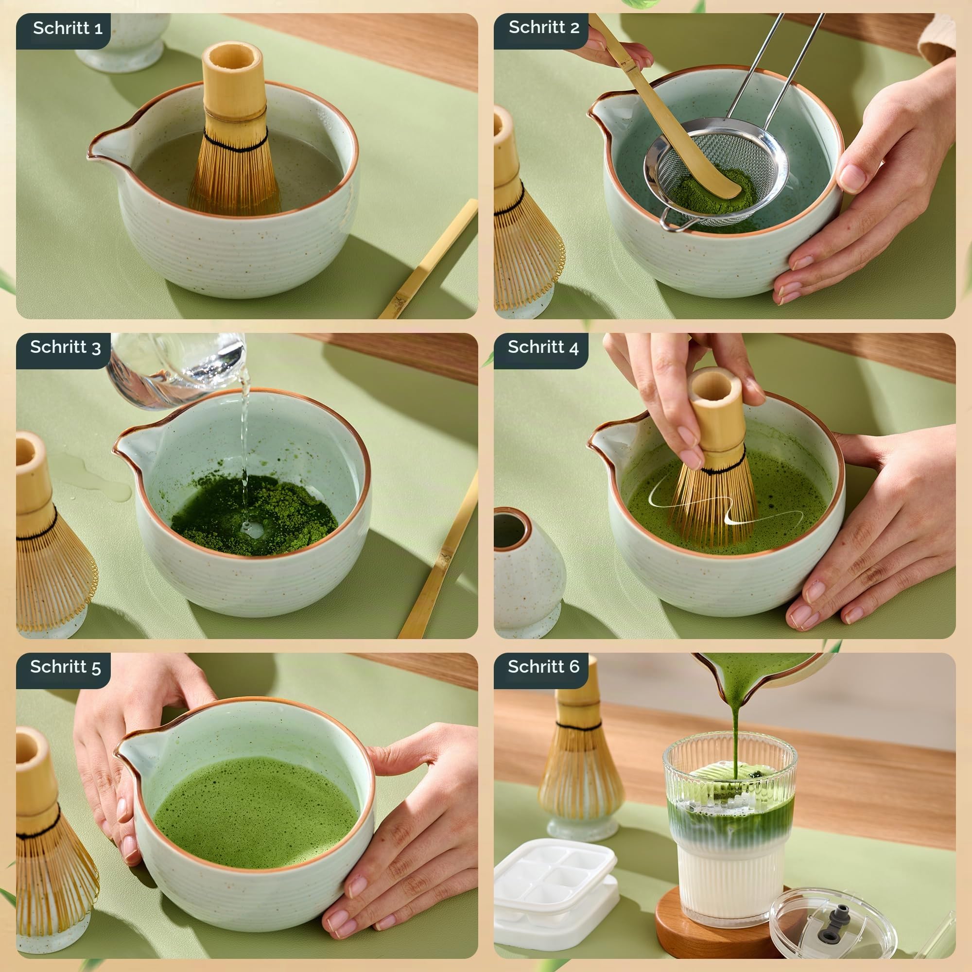ComboJoy Matcha-Besen-Set, komplettes Matcha-Set mit Schale, Bambusbesen und Halter, Löffel, Sieb, Glas mit Deckel und Strohhalm, Eiswürfelform – Geschenkset für Matcha-Liebhaber