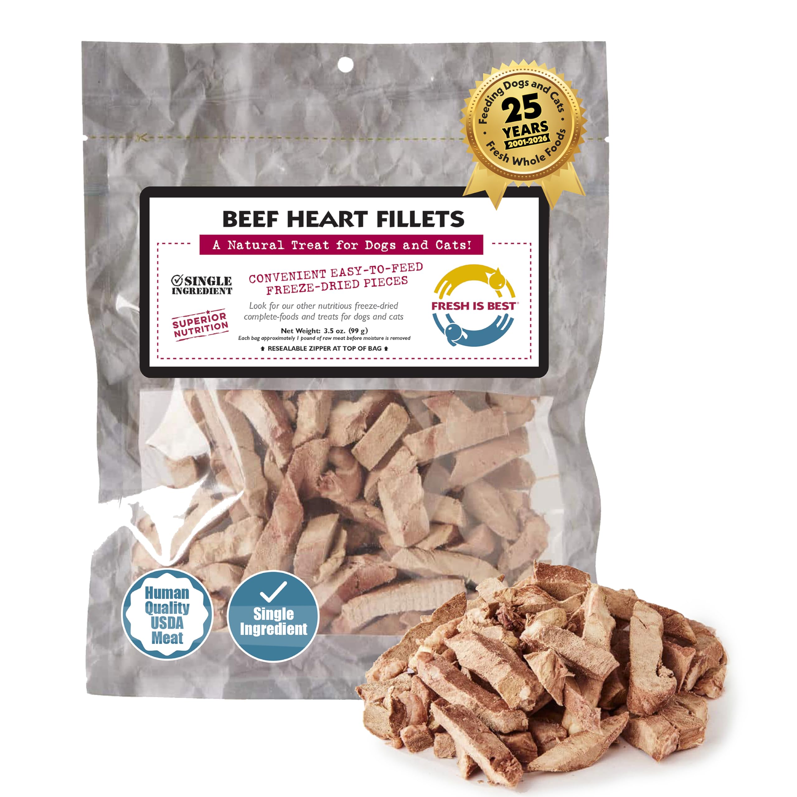 Fresh Is Best Beef Heart Fillets Freeze Dried Dog Treats – Raw Freeze Dried Dog Food for Cats & Canines – Training Treat in Resealable Zipper Bag – Grass-fed & Finished Beef Made in The USA