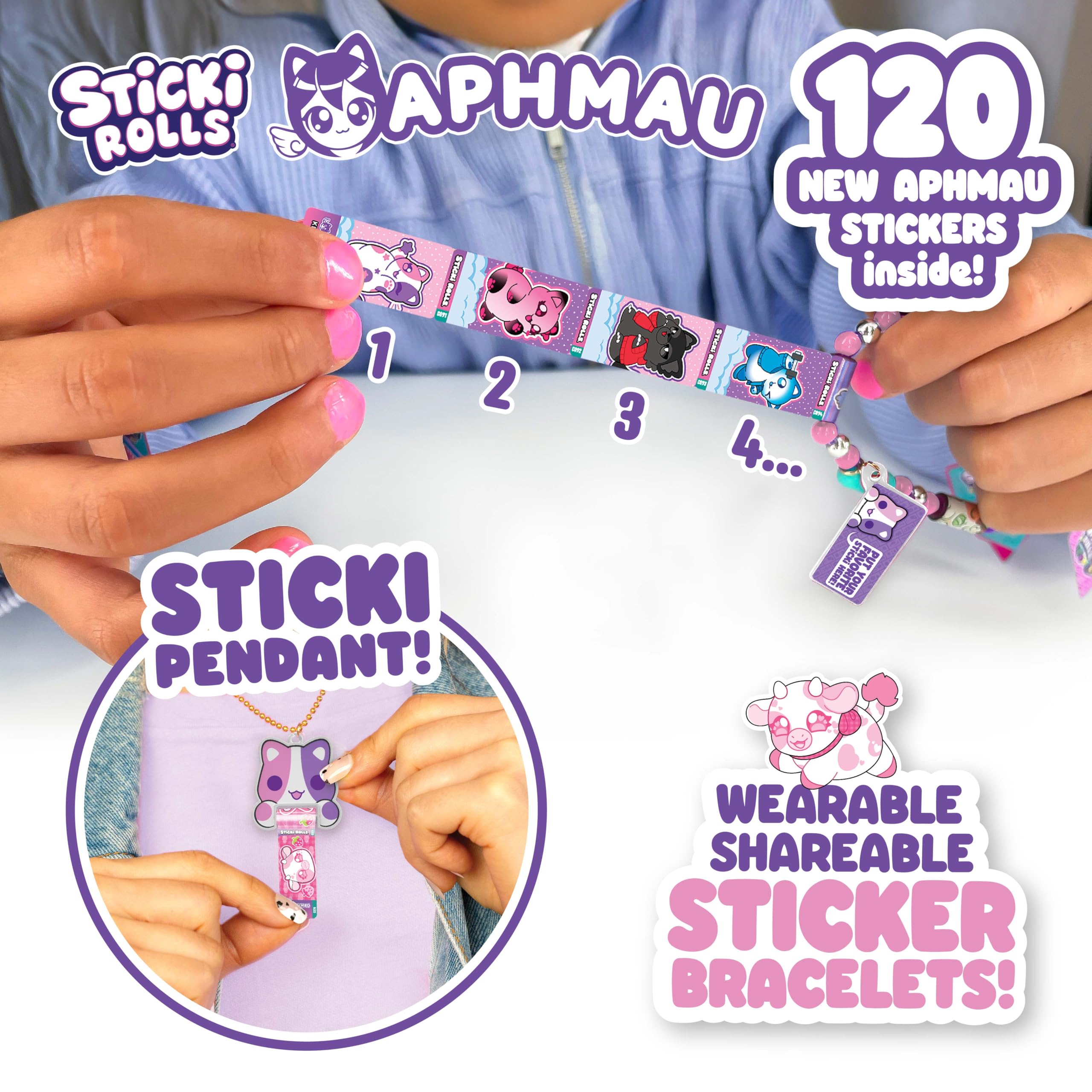 Sticki Rolls x Aphmau Ciondolo & Bracciale Set, Edizione Limitata, Include 120 Adesivi, Ciondolo Olografico Aphmau & Braccialetto, da Collezione Kawaii Divertimento!