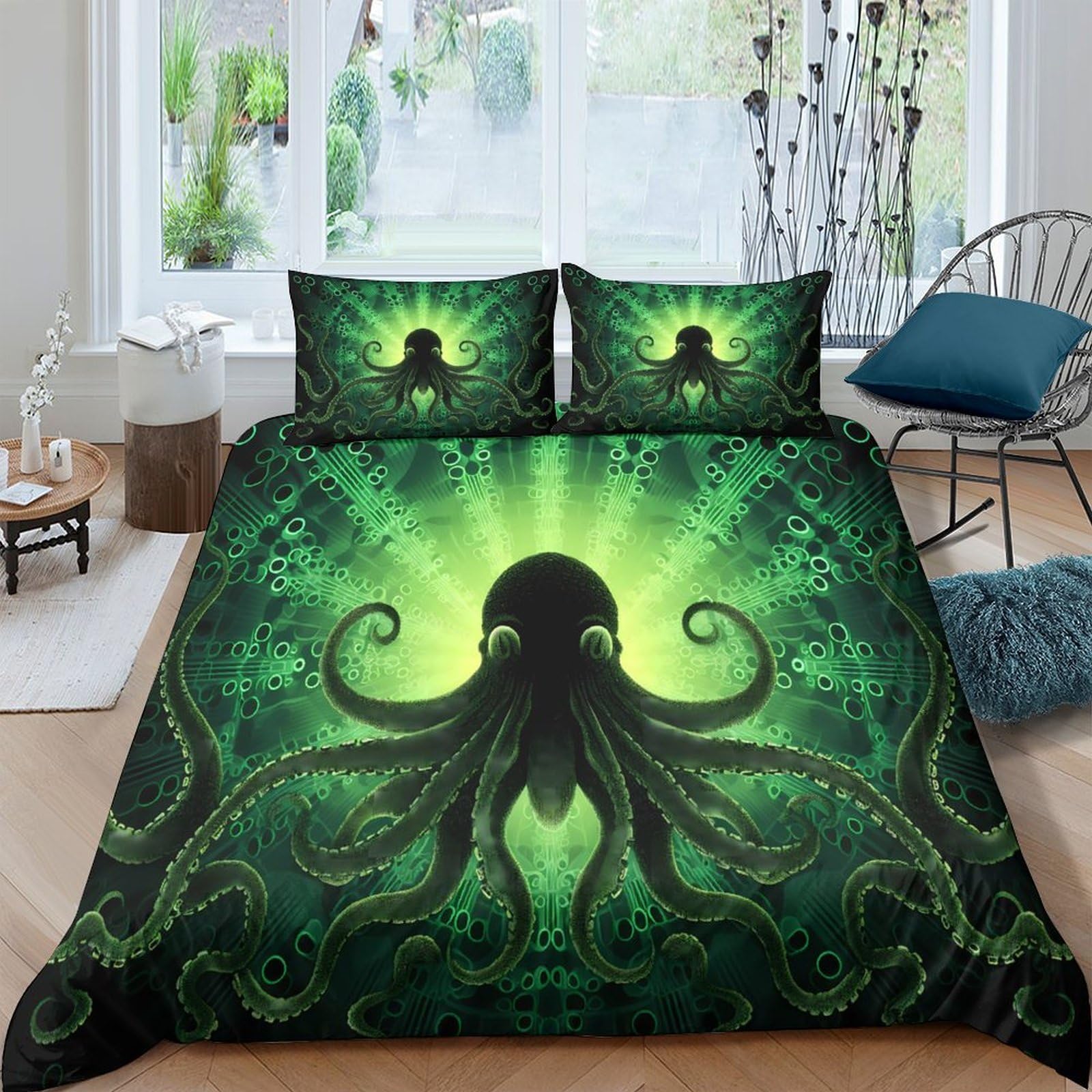 Ctjqhvkz Style-2 3D Printed Cthulhu Green Octopus Fitted Sheet Microfiber Soft Anti-Slip Bed Cover For Bedroom Dorm Mattress Decor Single（135X200cm）