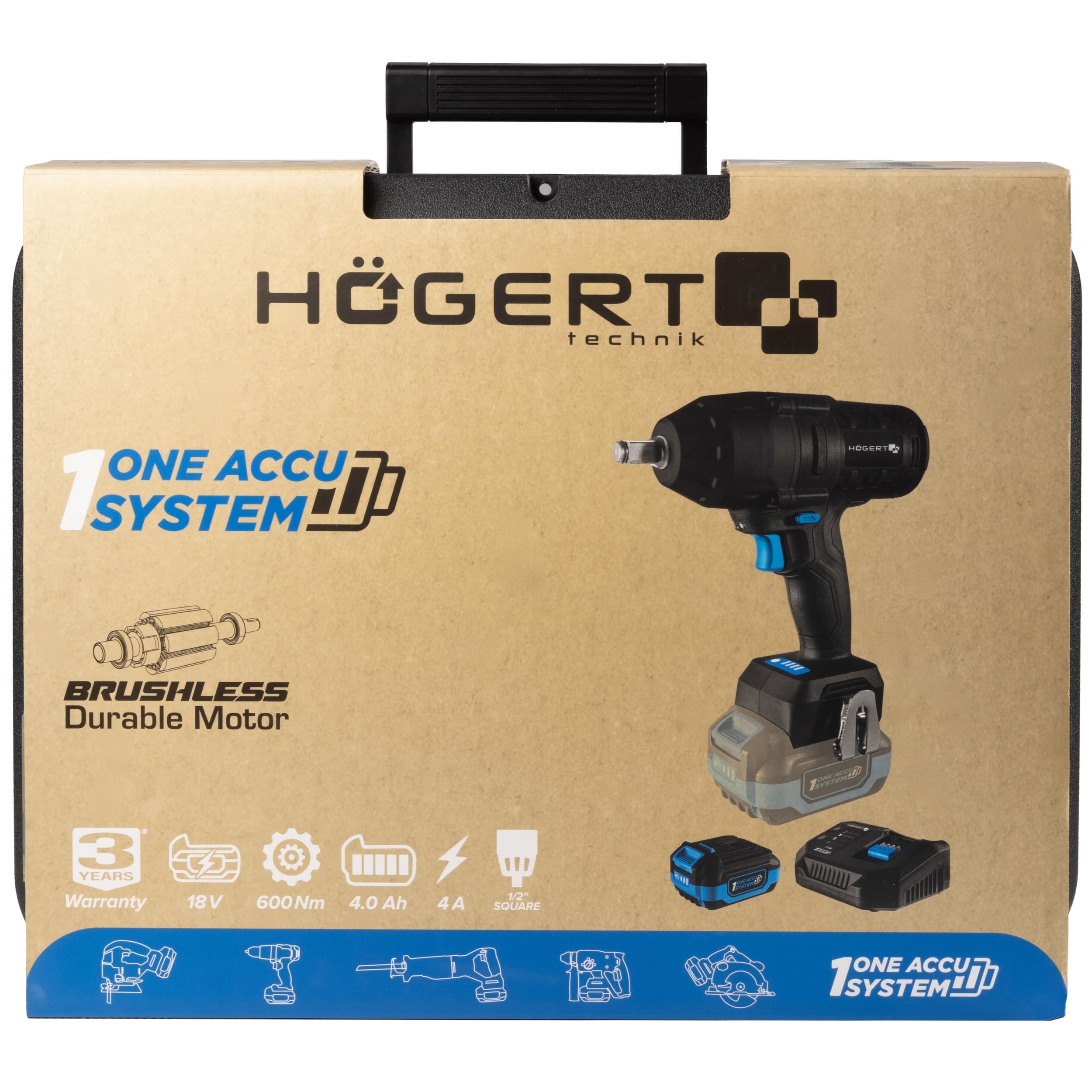HÖGERT TECHNIK Llave de impacto inalámbrica 18V sin escobillas, 600 Nm, batería 4,0 Ah, cargador 4A, maletín, motor brushless, LED, para taller