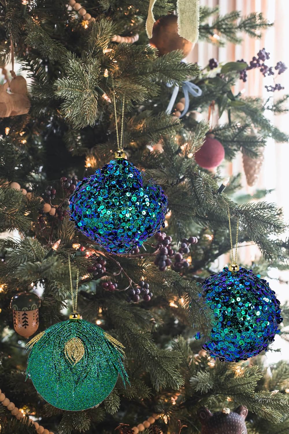 Briful 3.93'' Christmas Ball Ornaments Xmas Tree Decorations, Elegant Peacock Blue Christmas Ornaments for Home Decor Indoor Garland Holidays – Set of 12 Unique
