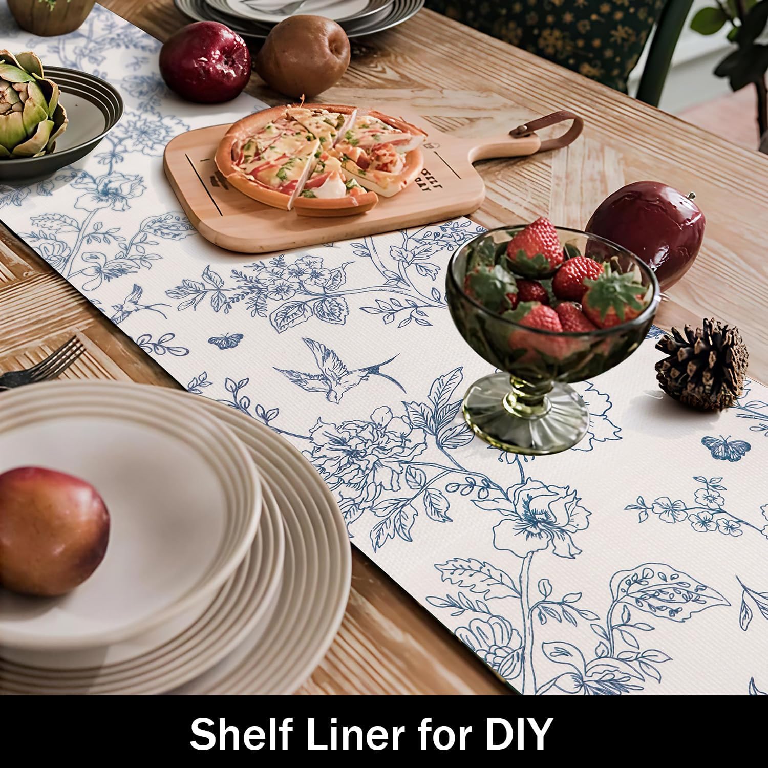 White and Bluer Bird Floral Drawer Liner, 24IN x 10FT, Non-Adhesive and Strong Non-Slip Floral Shelf Cabinet Drawer Liners for Kitchen, Waterproof Cupboard Liners,Easy to Clean