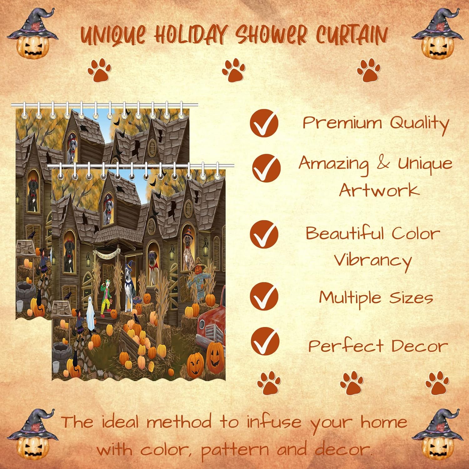 Haunted House Halloween Trick or Treat Great Dane Dogs Shower Curtain - Waterproof Polyester One-Side Printing Pet Bathtub Curtain Decor Curtain for Bathroom with Hooks, 72"x72"