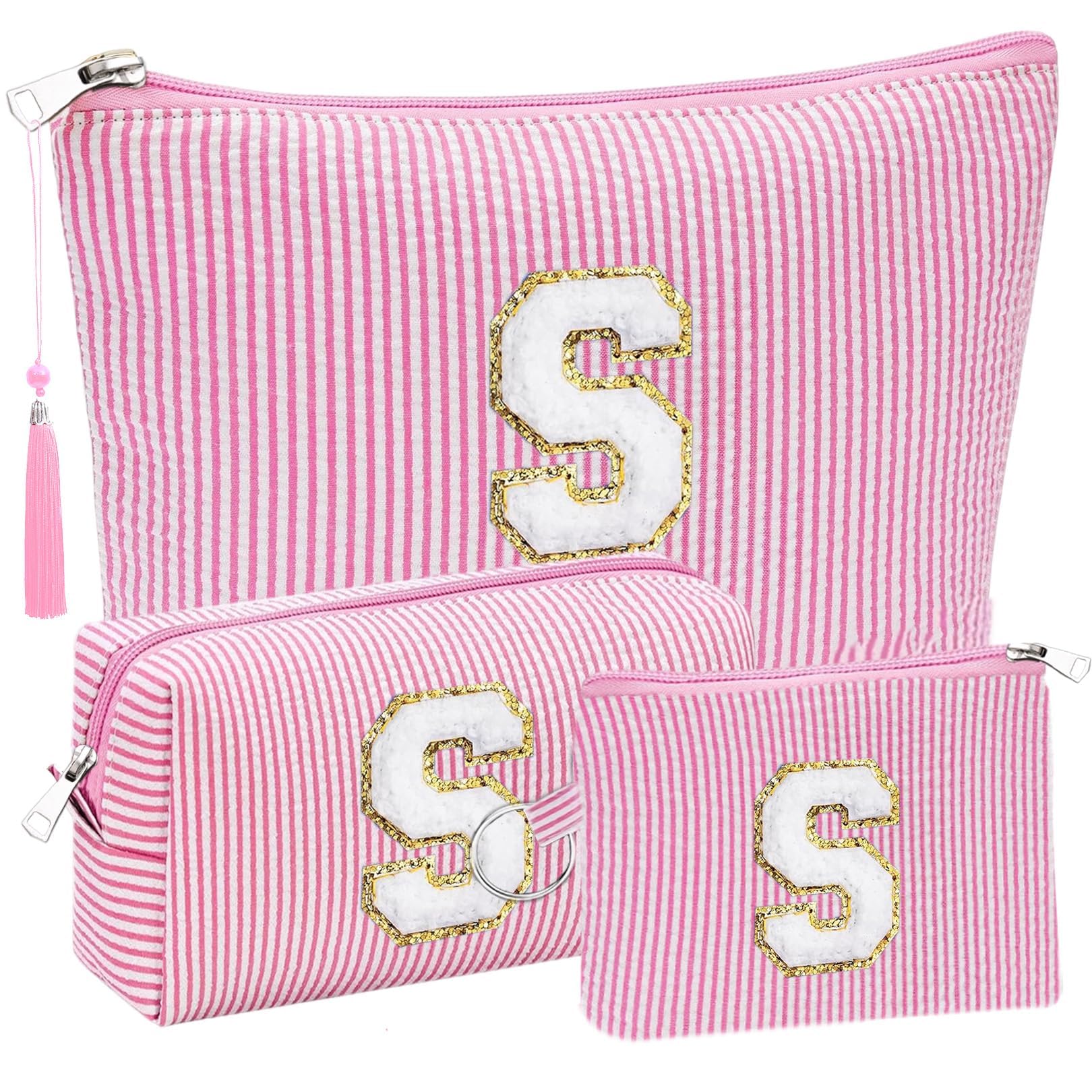 Kosmetiktasche mit Initiale, personalisierbar, Make-up-Tasche, Reise-Kulturbeutel für Mutter, Freundin, Ehefrau, Lehrer, Geburtstagsgeschenk für Frauen, Hautpflege für Mädchen, Pink, Größe S