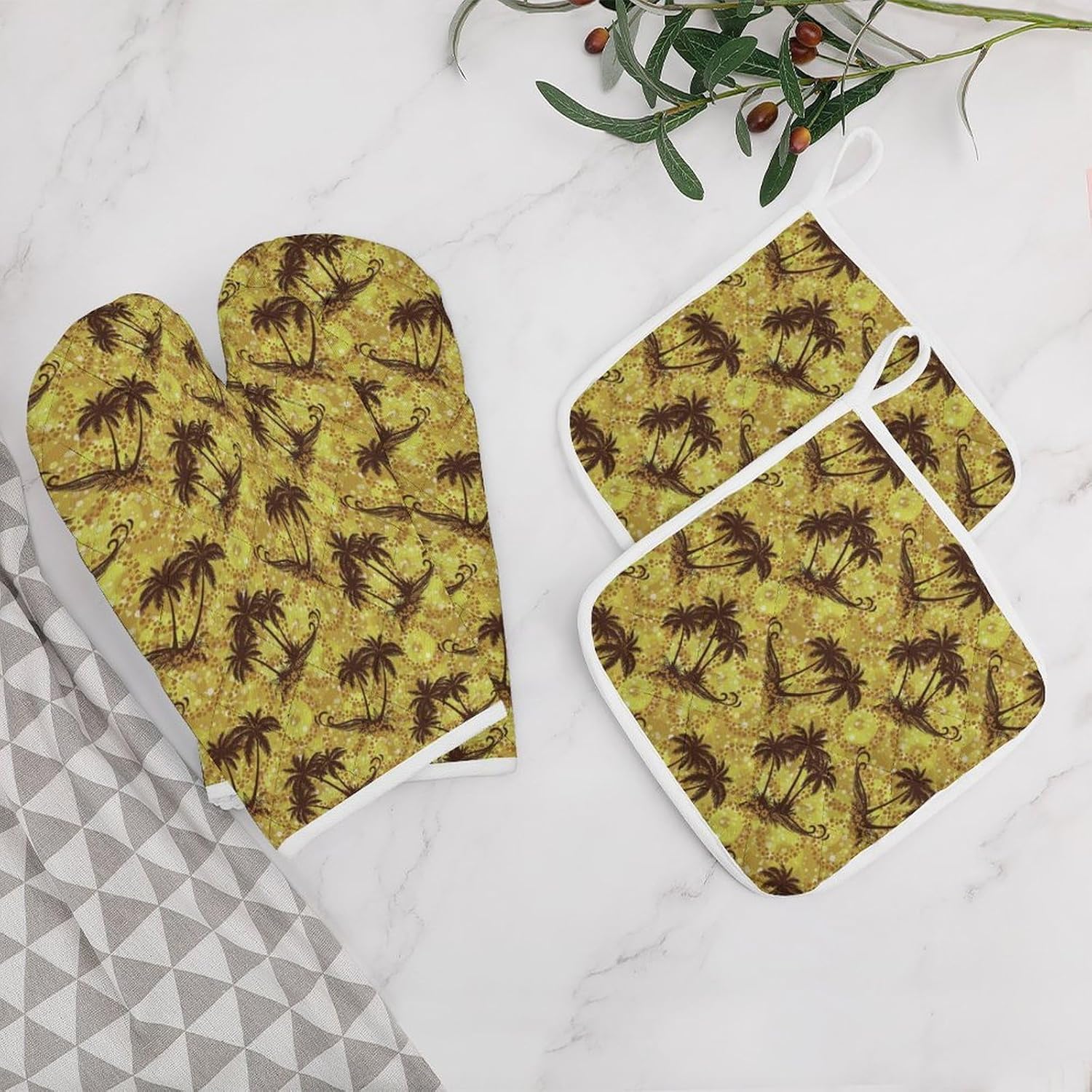 Sea Island Palm Trees Oven Mitts and Pot Holders 4Pcs Set Heat Resistant Cooking Mitts Hot Pads