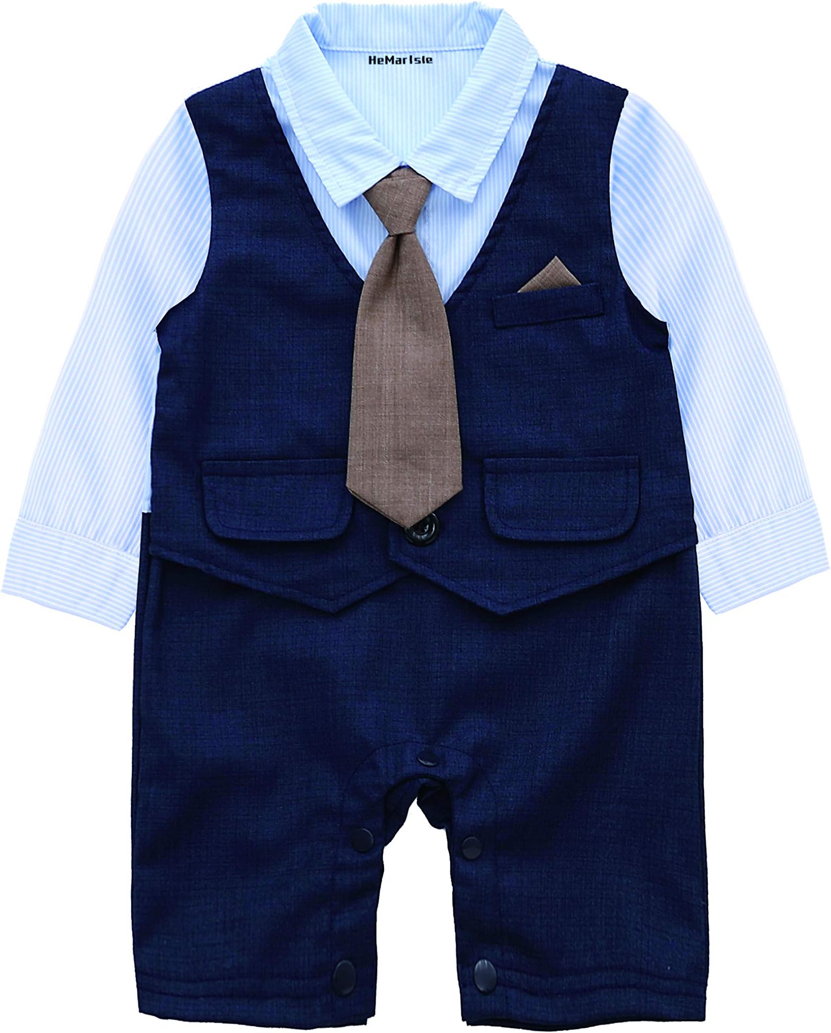 HMD Baby Boy Long Sleeve Gentleman White Shirt Waistcoat Bowtie Tuxedo Onesie Jumpsuit Overall Romper