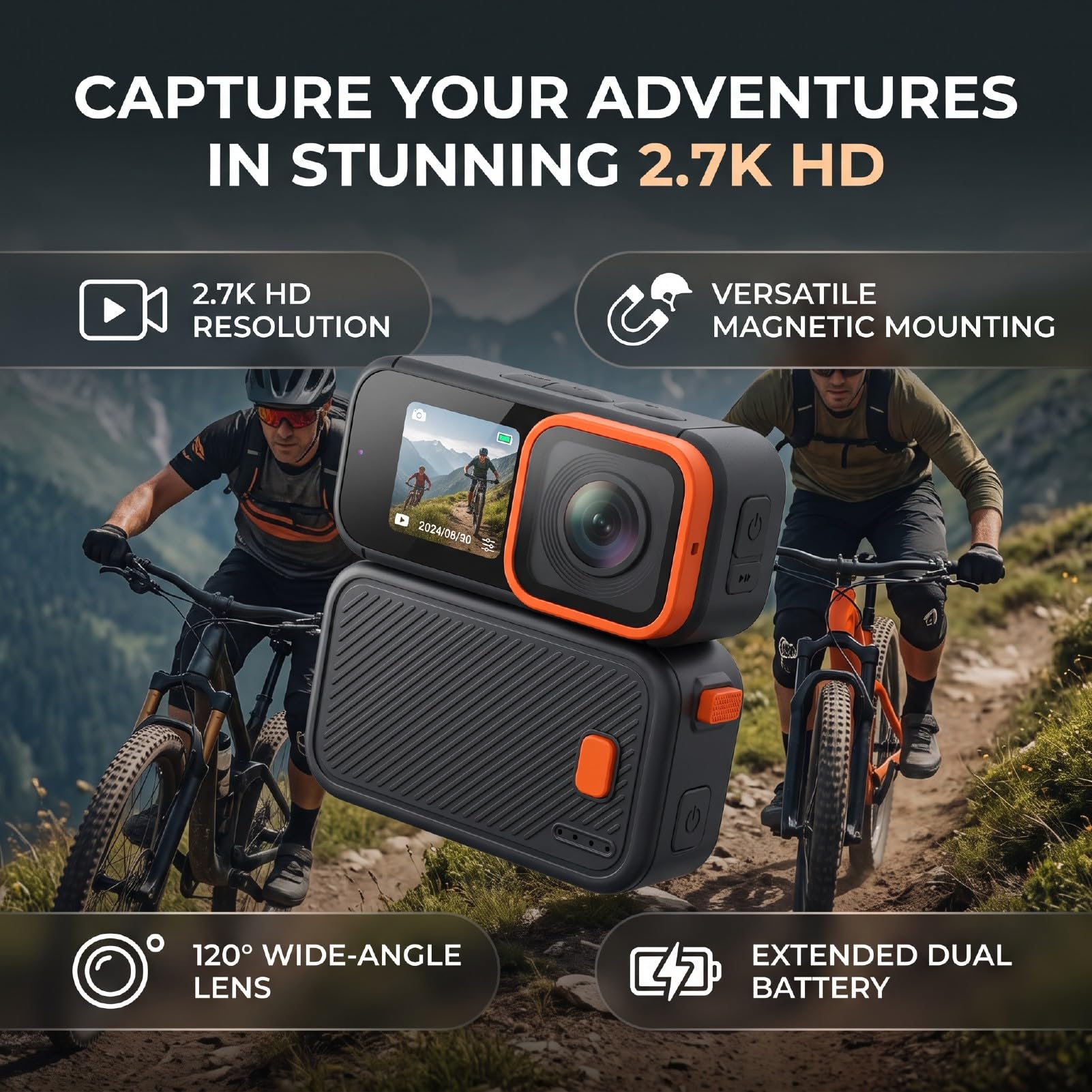Jiawu Caméra d'action, Caméra Sport, 2,7K HD, Angle Large 120°