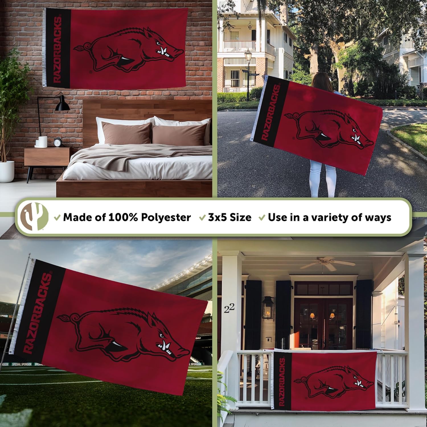 Desert Cactus University of Arkansas Flag Razorbacks U of A Hogs Banners 100% Polyester Indoor Outdoor 3x5 feet Flags (Team Name) - Image 3