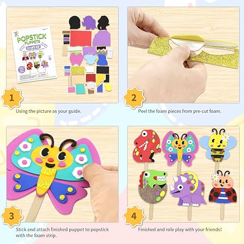 Miniatura 2 de VKPI Haz 6 marionetas de palillos para niños, manualidades de espuma, juguetes de tiempo de cuentos para niños mayores de 4 años, dinosaurios,