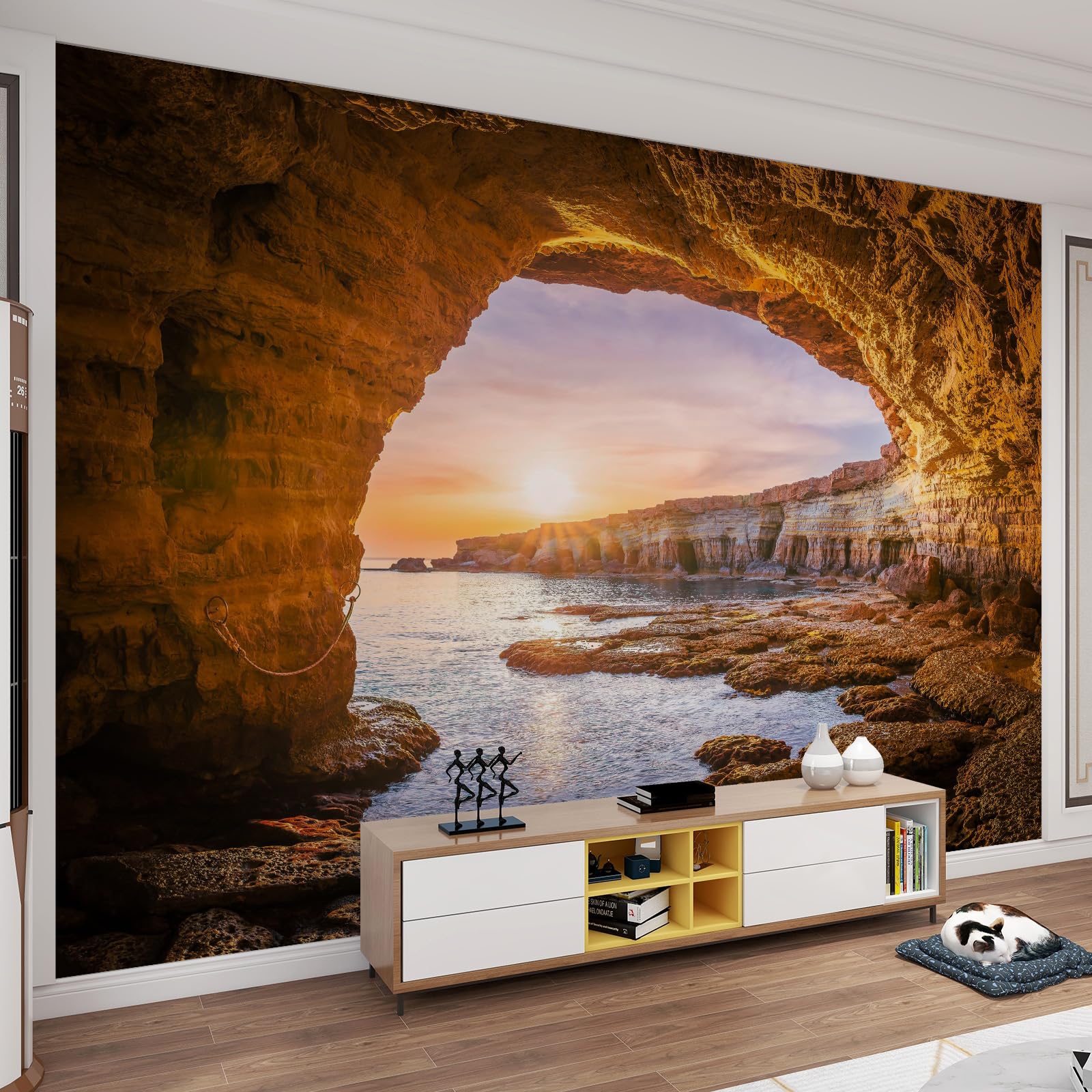 QDJKBL Seascape Sunrise Cave Wall Mural 3D Beach Sunshine Coast Mural Wallpaper Customizable Size Murals Mural Paper for Living Room Bedroom Sofa Wall - 350 x 256 cm