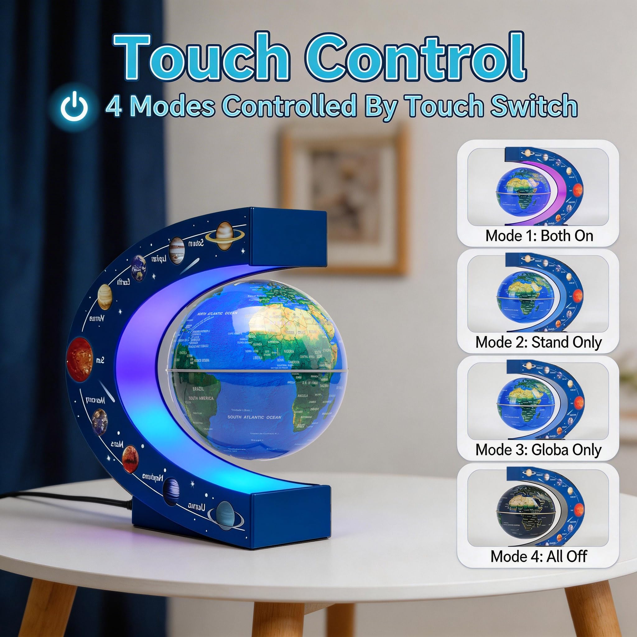 Globe Terrestre Magnétique en Lévitation Rotatif 3 Pouces avec Lampe Colorée, Cadeau Déco de Bureau Original pour Hommes, Patron ou Jouet Éducatif pour Enfants, Système Solaire 9 Planètes Astronomie