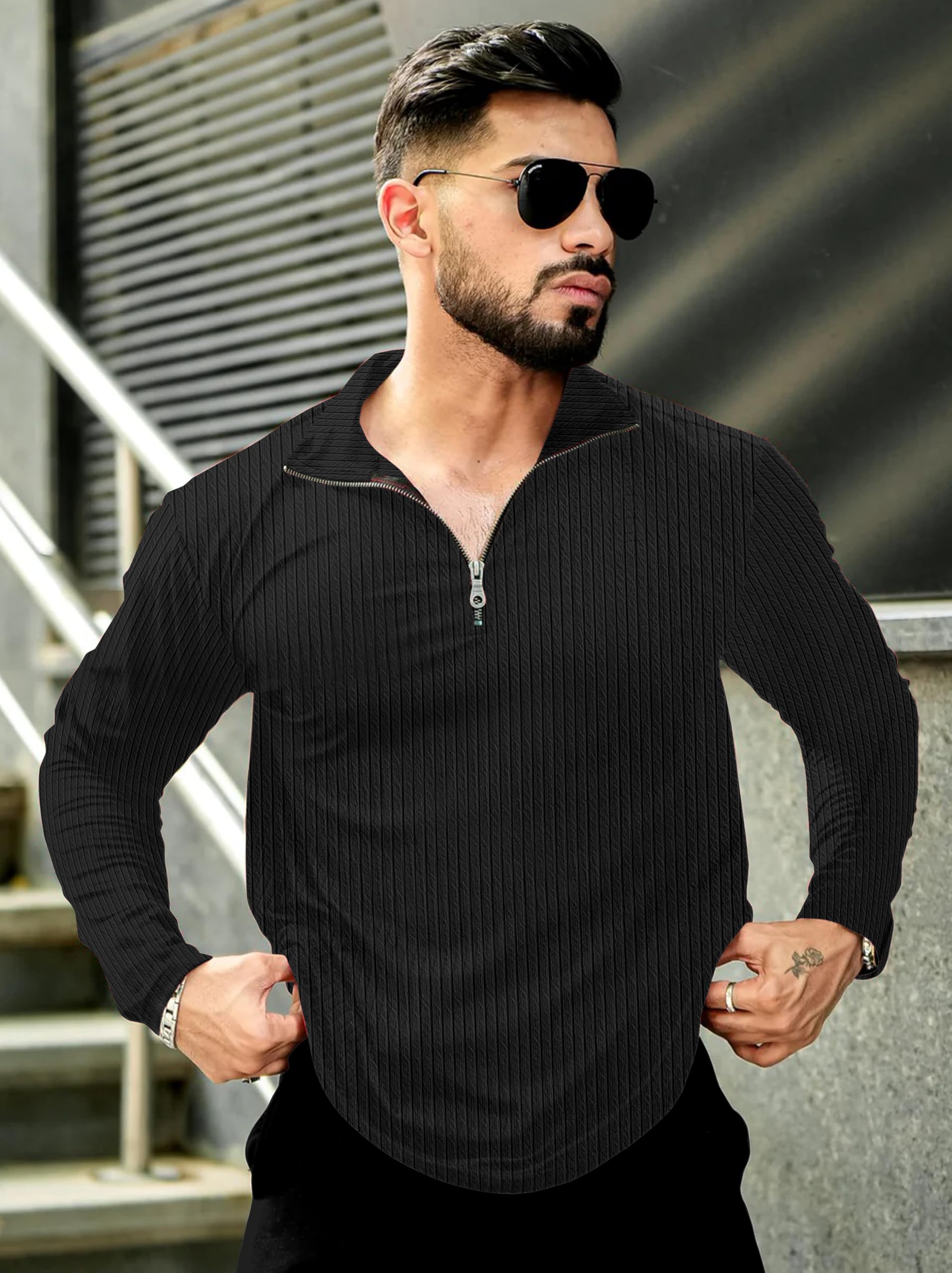 KAJARU Men's Quarter Zip Pullover T-Shirt, Cable Knit Pattern, Full Sleeve (in, Alpha, XL, Black) - Image 6 thumbnail