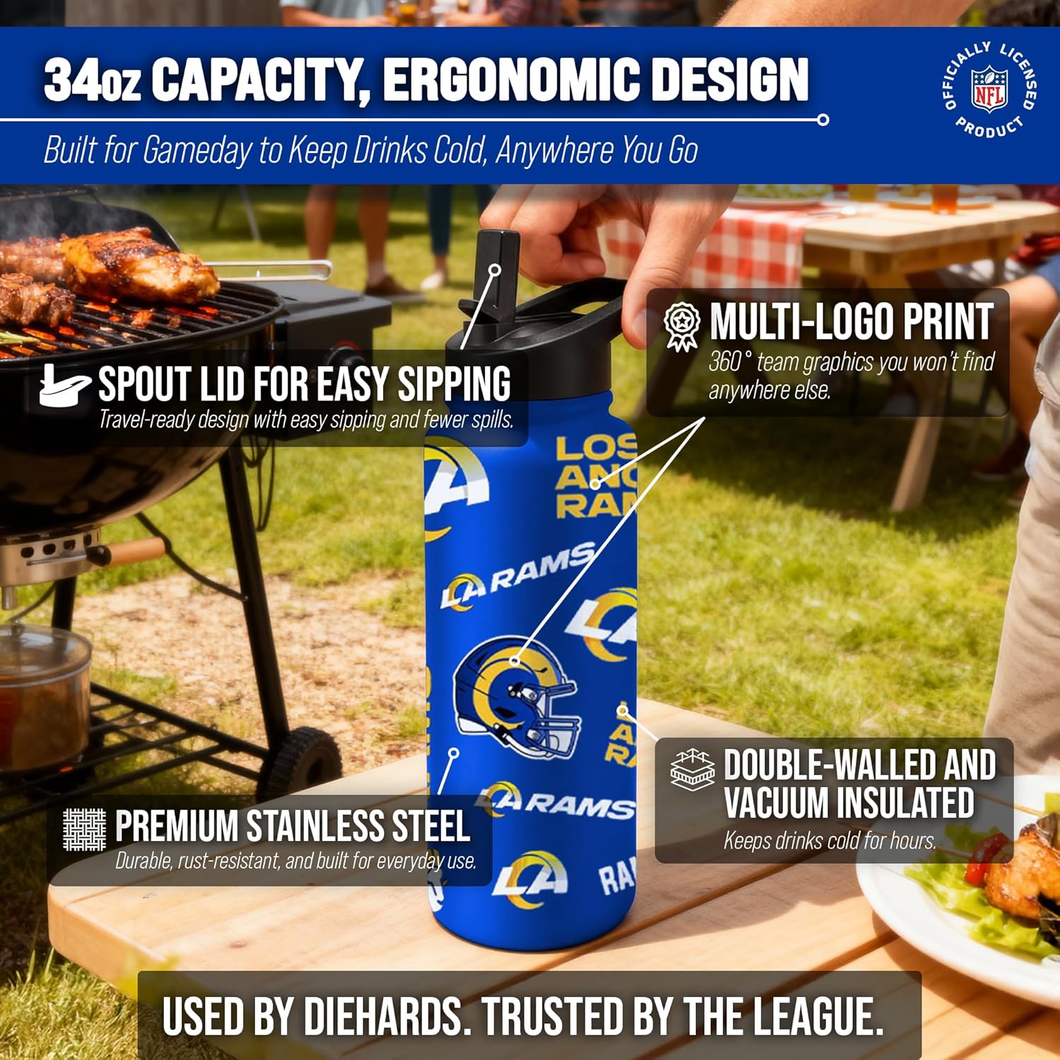 Team Fan Apparel NFL 34oz Quencher Stainless Steel Insulated Water Bottle, Easy-Carry, No-Spill, No-Leak Lid, Flip Top Spout - Image 3